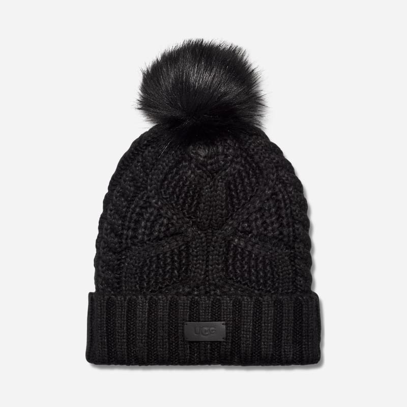 UGG® Women's Cable Beanie With Pom Knit/Faux Fur Hats in Black