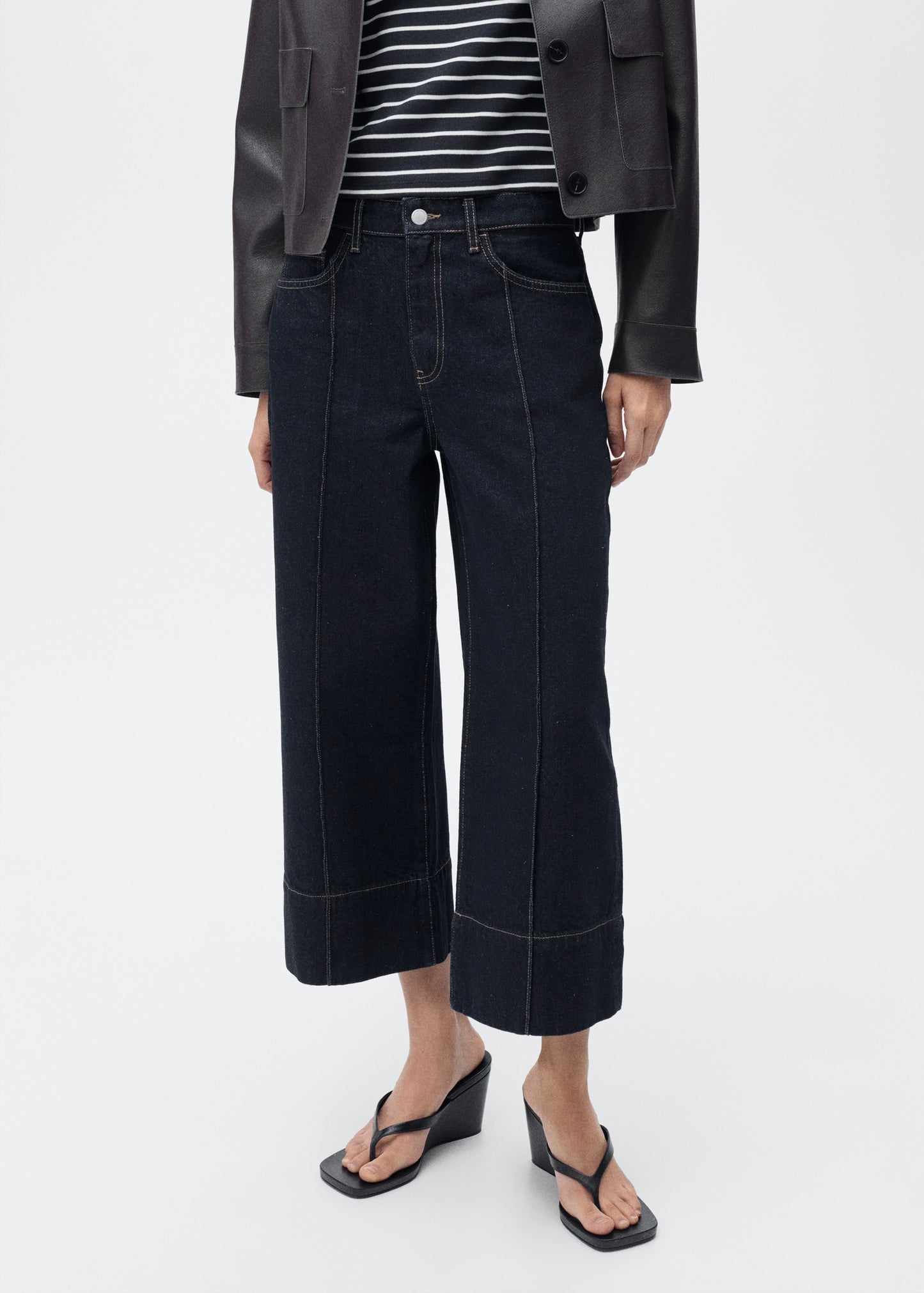 MANGO - Wideleg cropped jeans with seam detail open blue - 14 - Woman