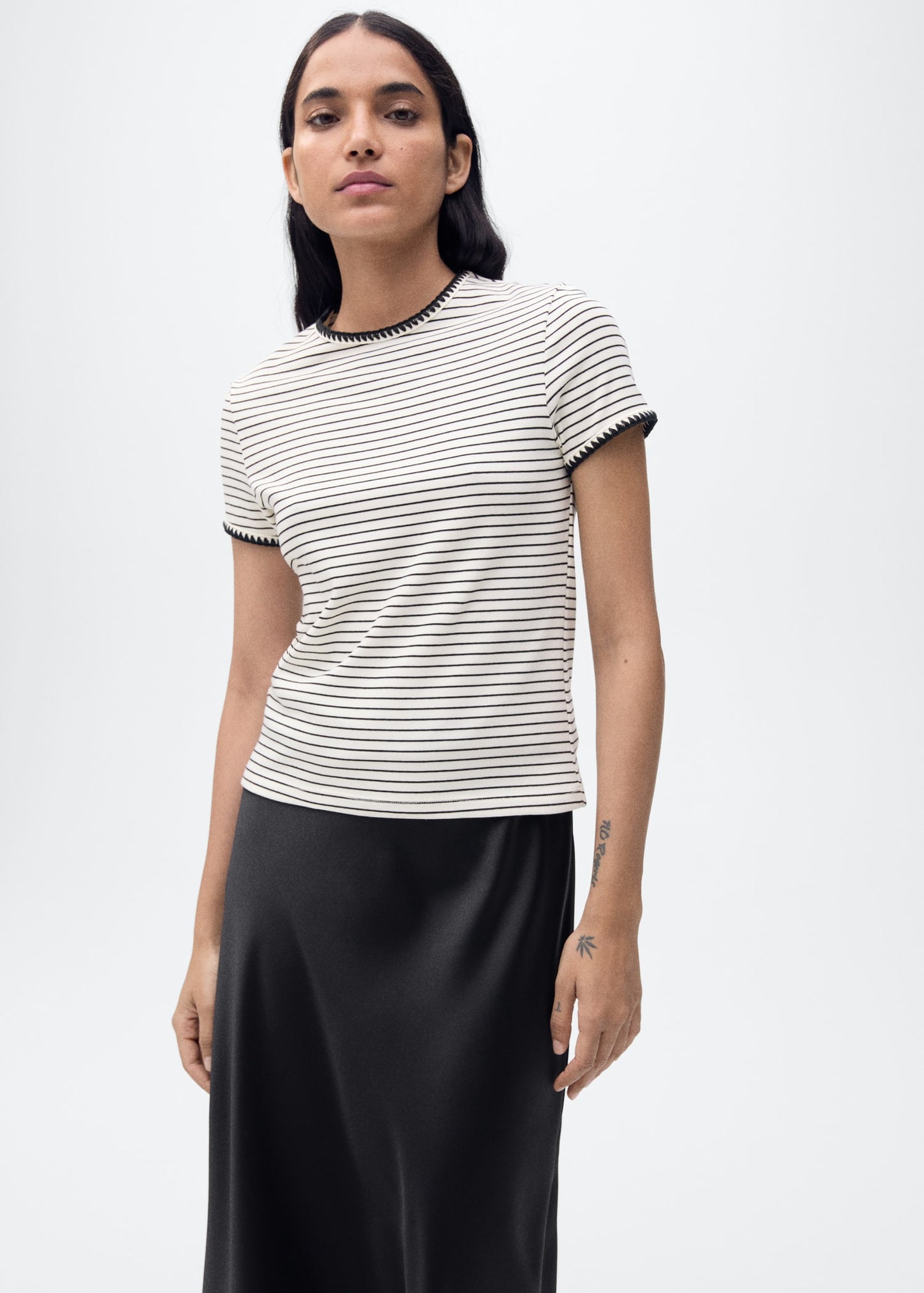 MANGO - Cotton t-shirt with contrasting trim off white - XL - Woman