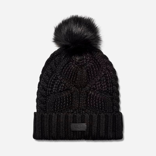 UGG® Women's Cable Beanie With Pom Knit/Faux Fur Hats in Black
