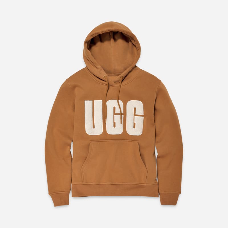 UGG® Women's Rey UGG®fluff Logo Hoodie Fleece in Chestnut/Plaster, Size XXS