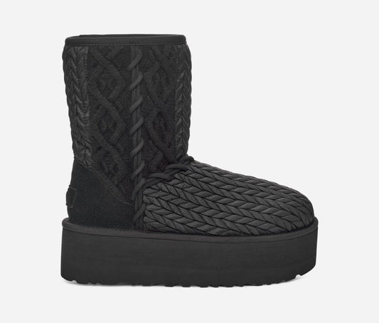 UGG® Women's Classic Short Villa Knit Knit/Textile/Suede Classic Boots in Black, Size 10