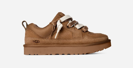 UGG® Women's Lo Lowmel Suede/Textile/Recycled Materials Sneakers in Chestnut, Size 9