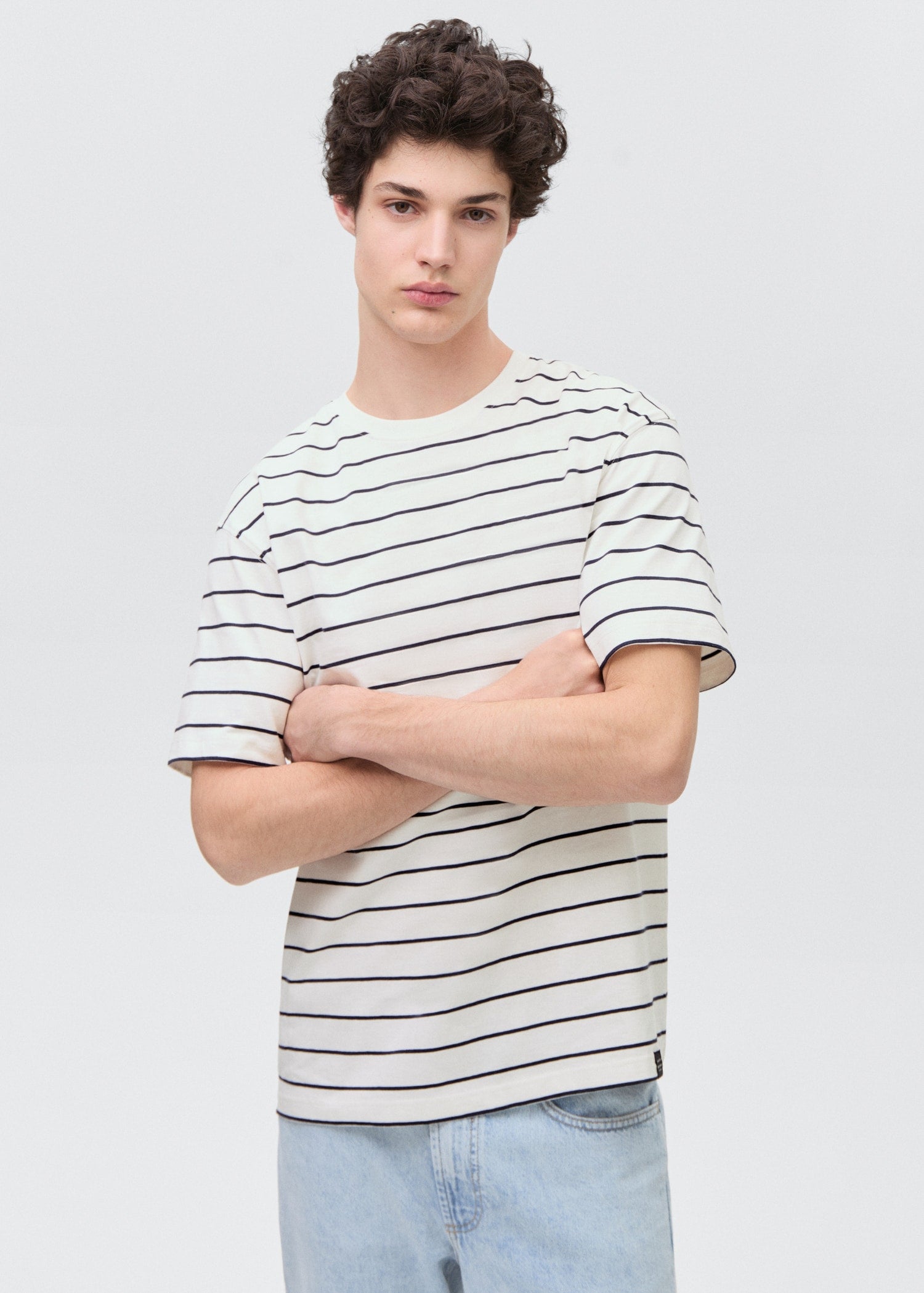 MANGO TEEN - Striped short-sleeved t-shirt off white - L - Teenage boy