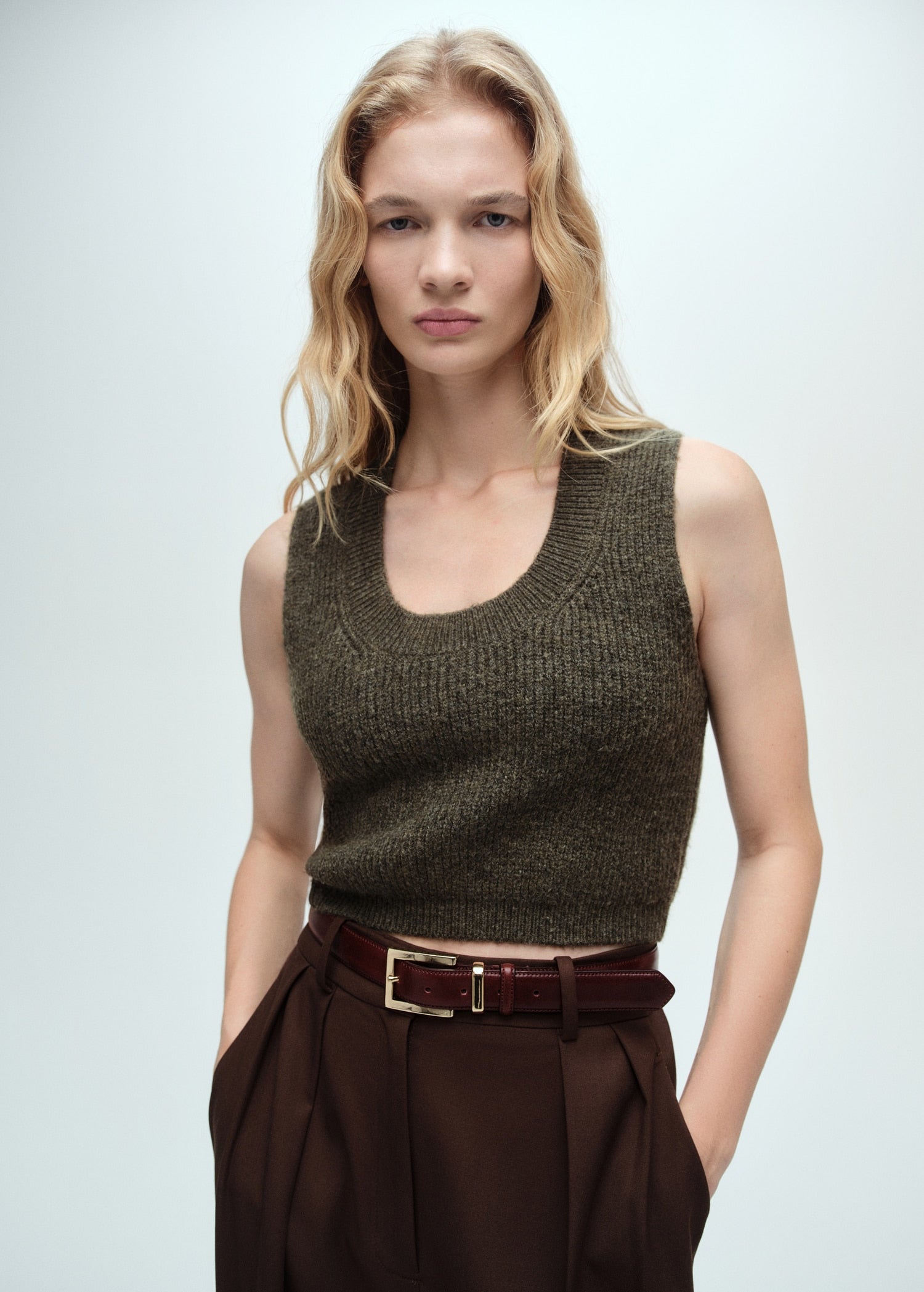 MANGO - Knitted cropped top khaki - XS - Woman