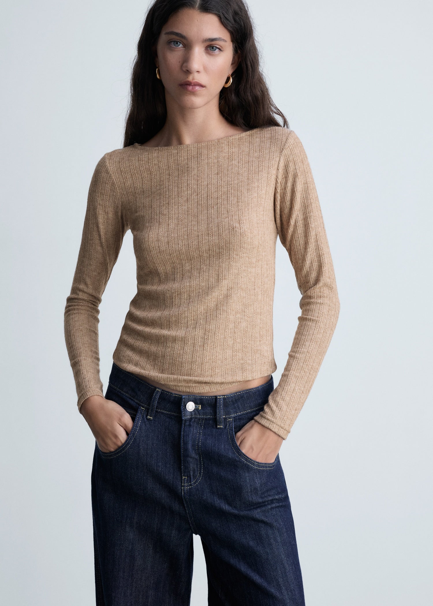 MANGO - Long-sleeved pointelle t-shirt light/pastel brown - XXS - Woman