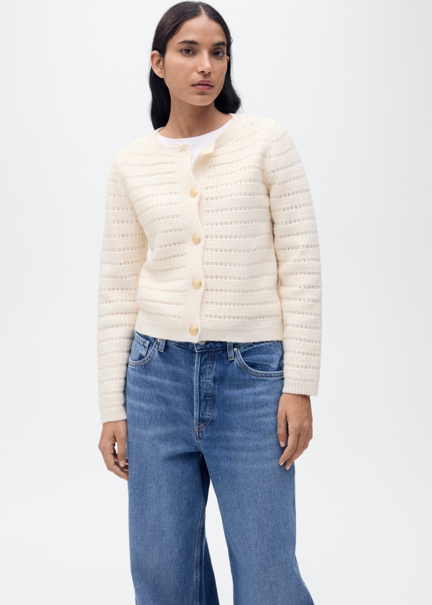 MANGO - Knitted jacket with openwork details ecru - S - Woman