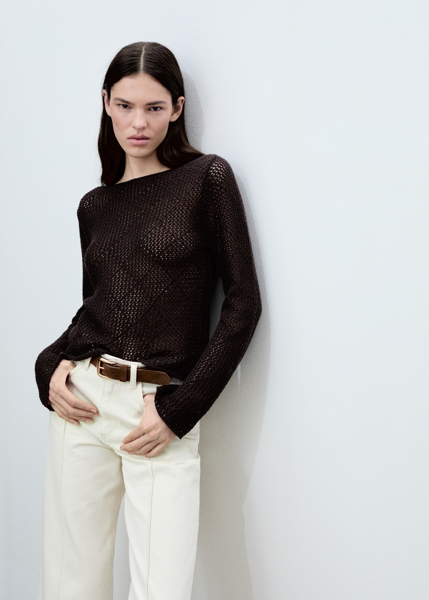 MANGO - Openwork knit cotton sweater chocolate - M - Woman