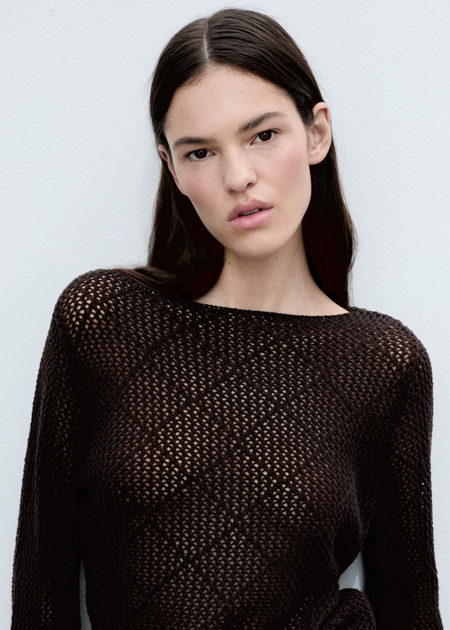 MANGO - Openwork knit cotton sweater chocolate - M - Woman