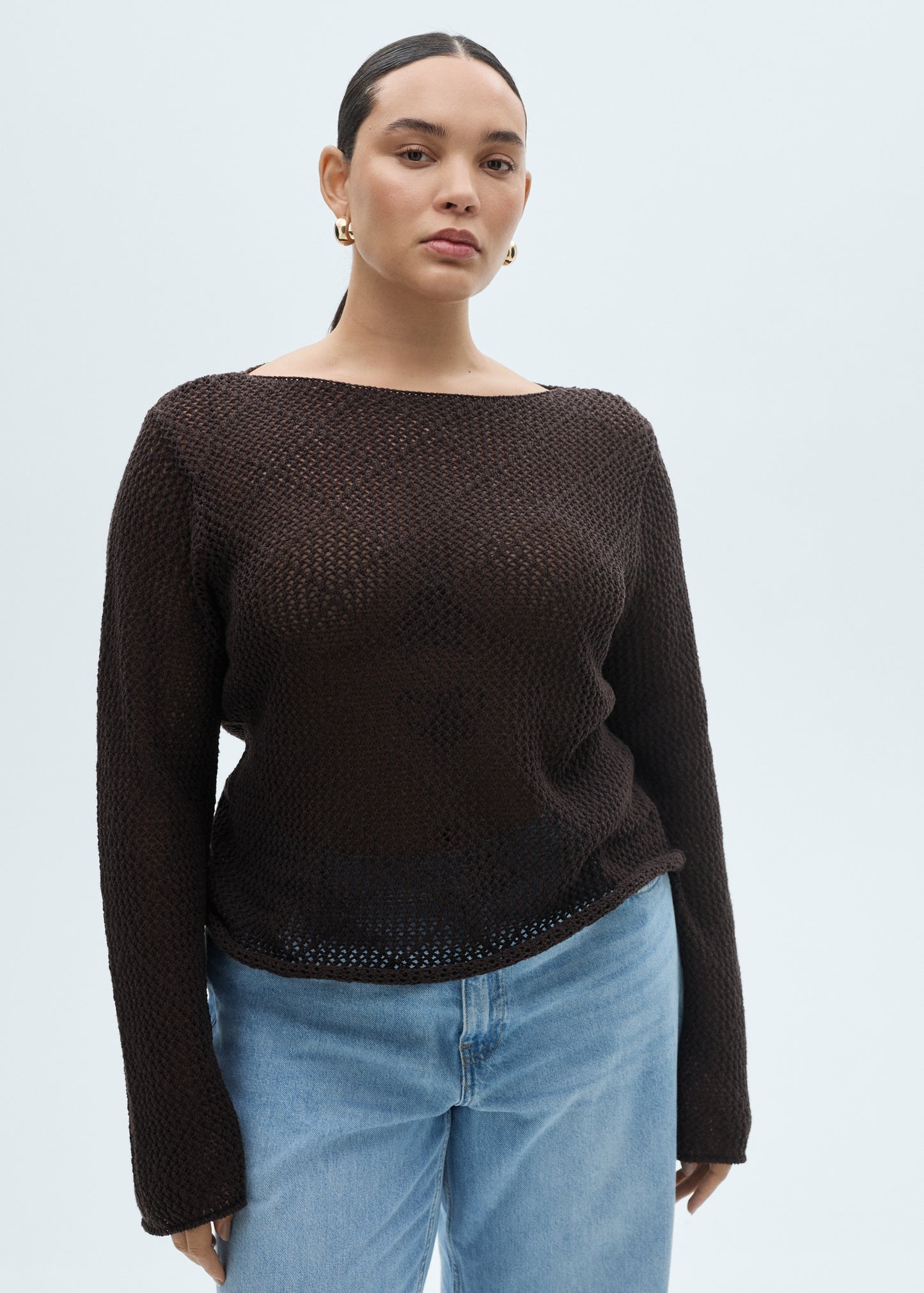 MANGO - Openwork knit cotton sweater chocolate - M - Woman