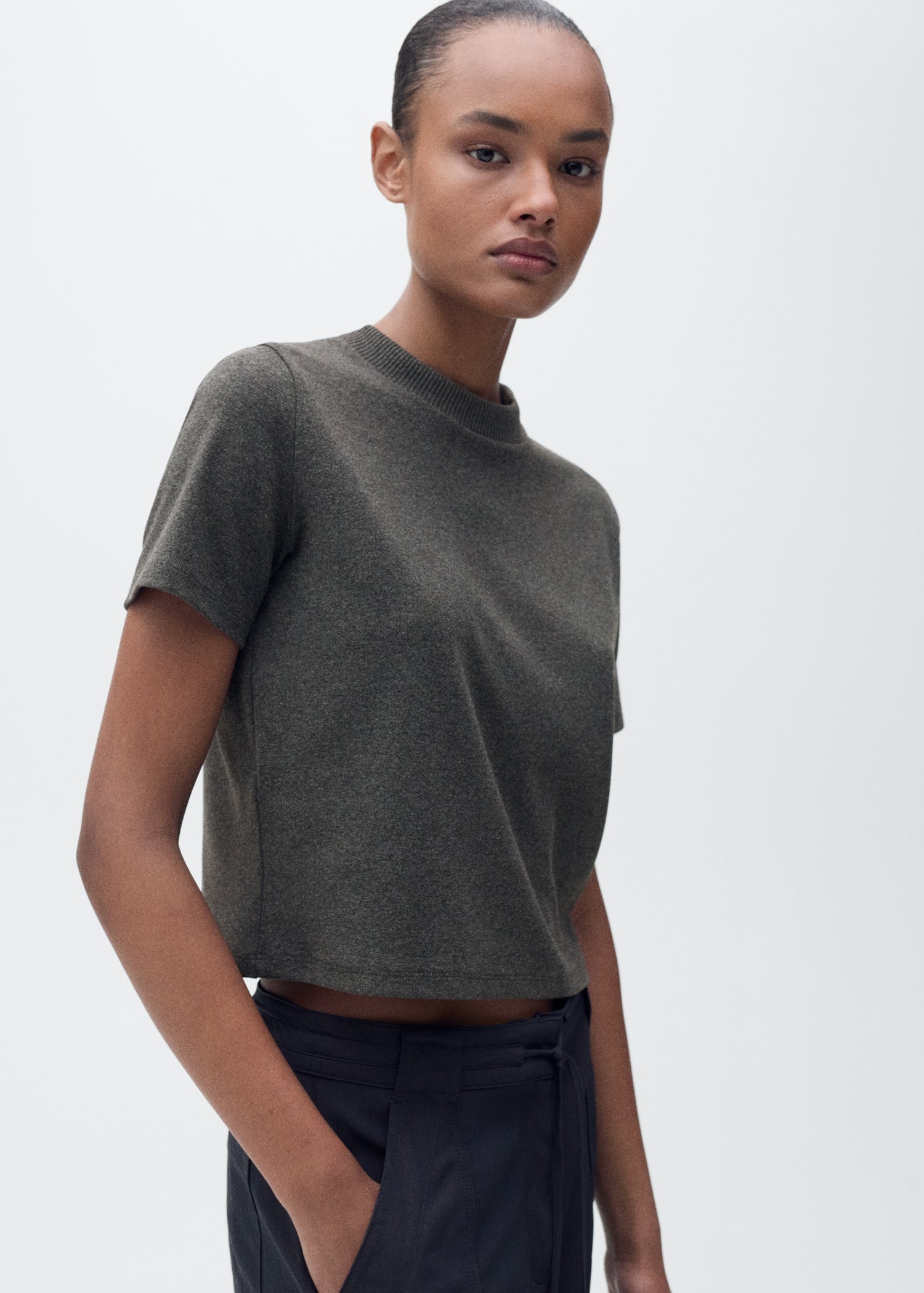 MANGO - Short-sleeved cotton-blend t-shirt dark heather grey - XS - Woman