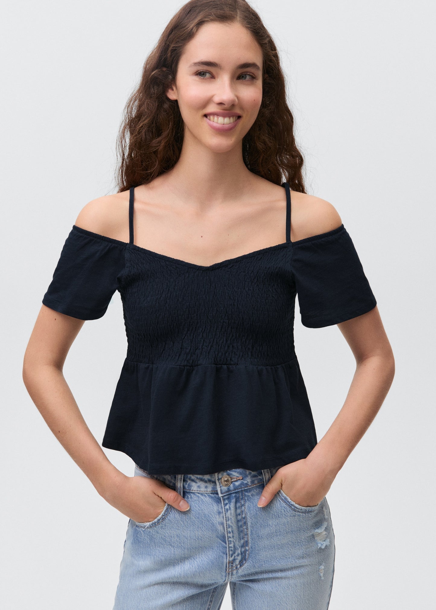 MANGO TEEN - Wrinkled effect V-neck top dark navy - XS - Teenage girl