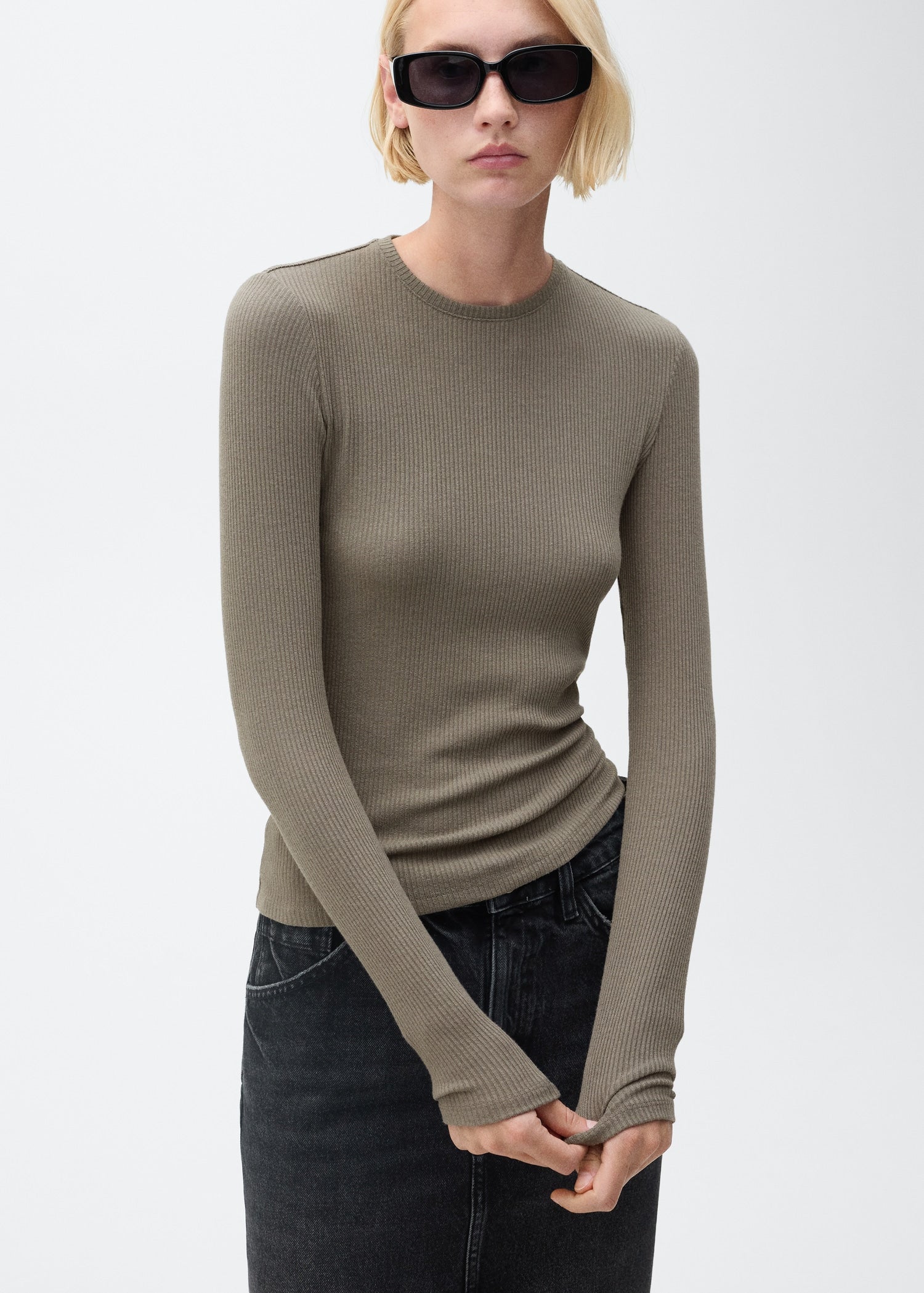 MANGO - Ribbed long-sleeved t-shirt khaki - XS - Woman