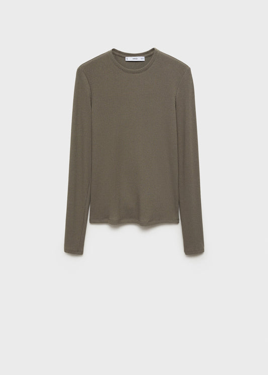 MANGO - Ribbed long-sleeved t-shirt khaki - XS - Woman