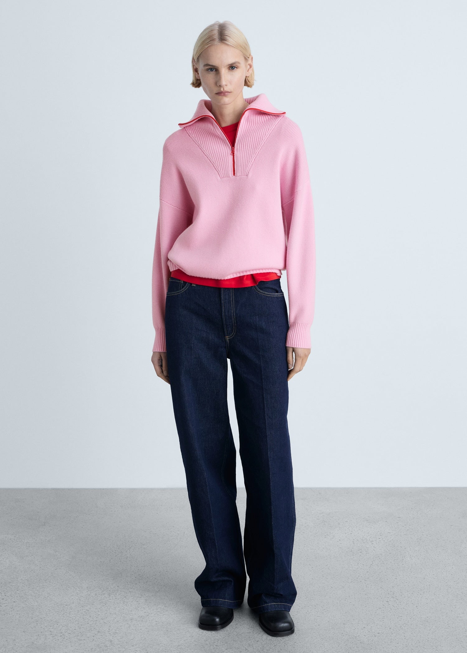 MANGO - Contrasting knitted sweater with zip pink - L - Woman