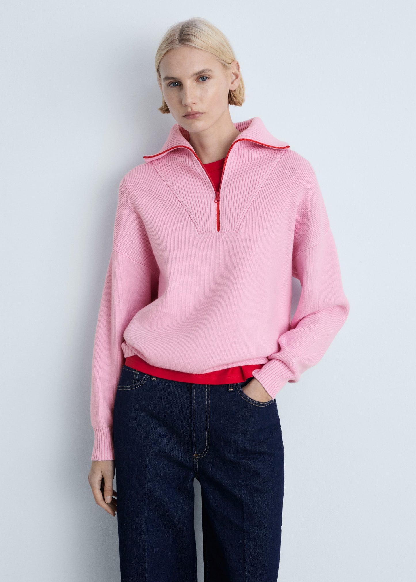 MANGO - Contrasting knitted sweater with zip pink - L - Woman