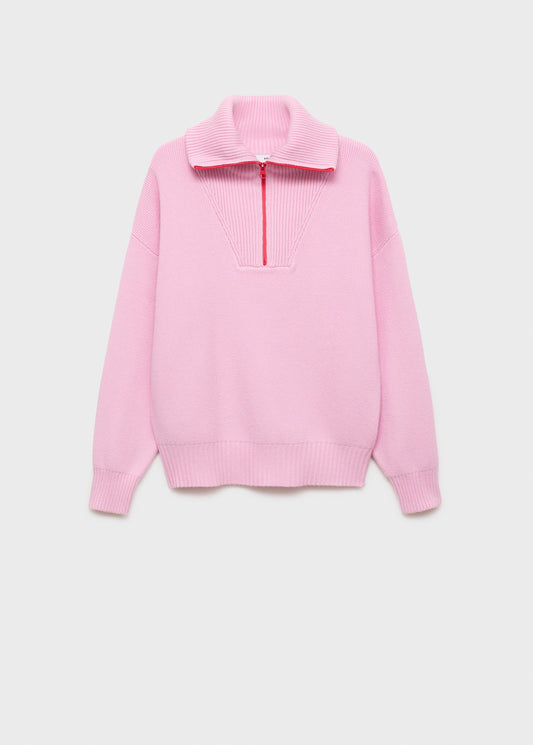 MANGO - Contrasting knitted sweater with zip pink - L - Woman