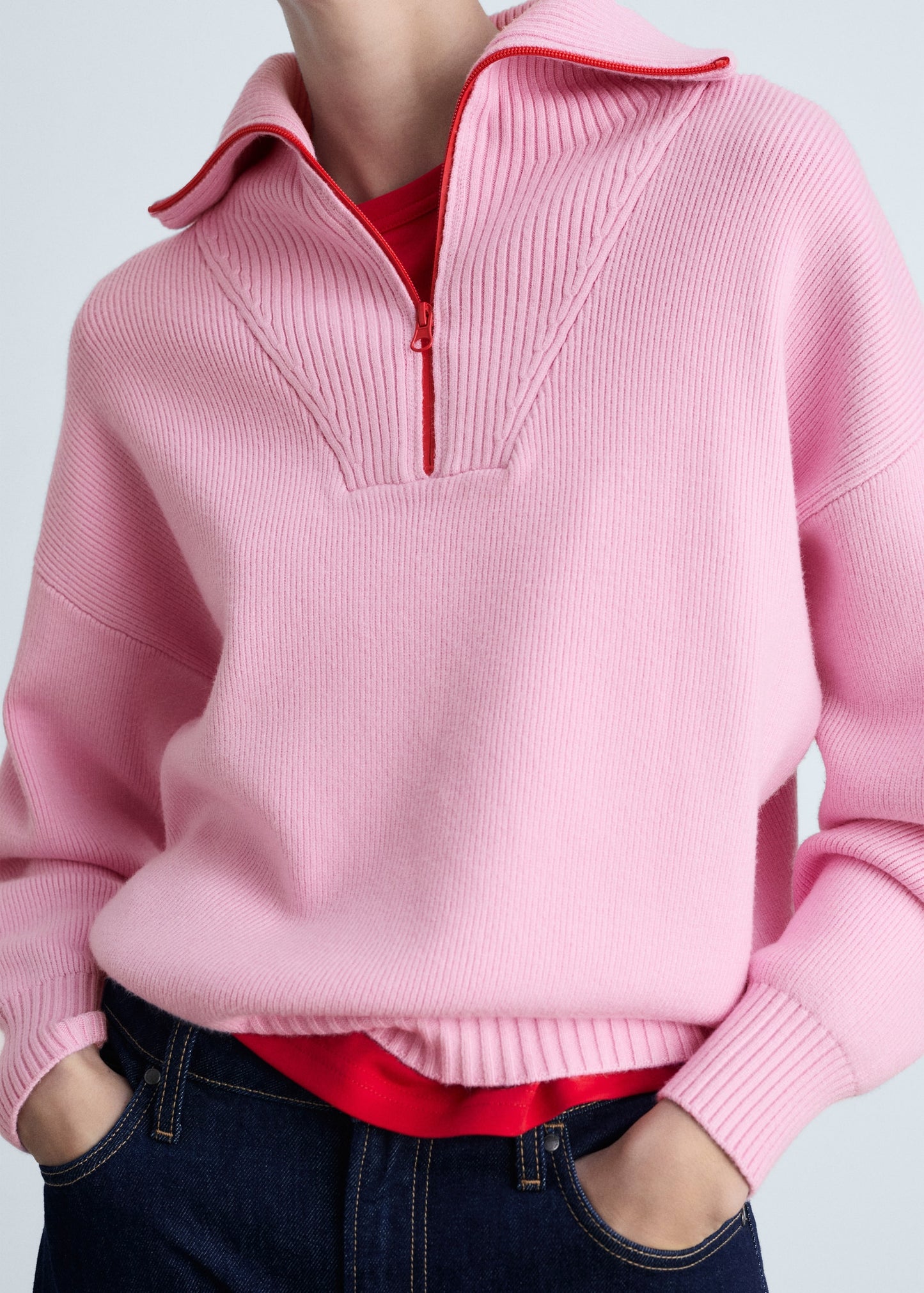 MANGO - Contrasting knitted sweater with zip pink - L - Woman