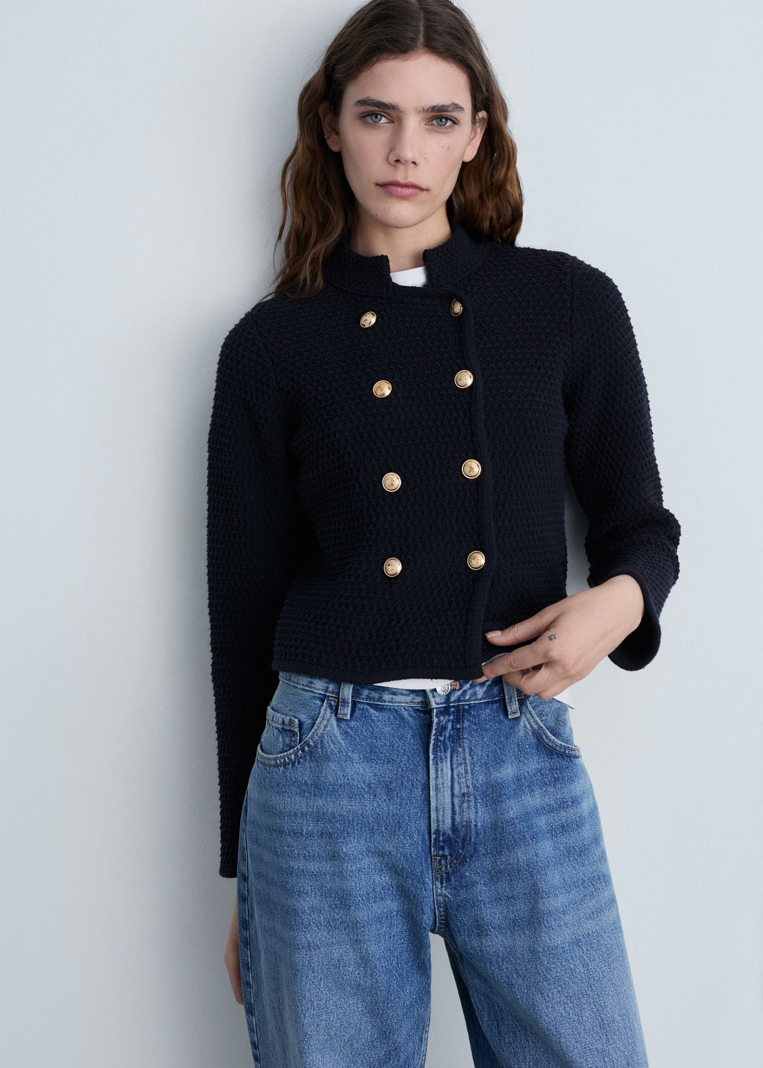 MANGO - Double-breasted knitted jacket navy - M - Woman