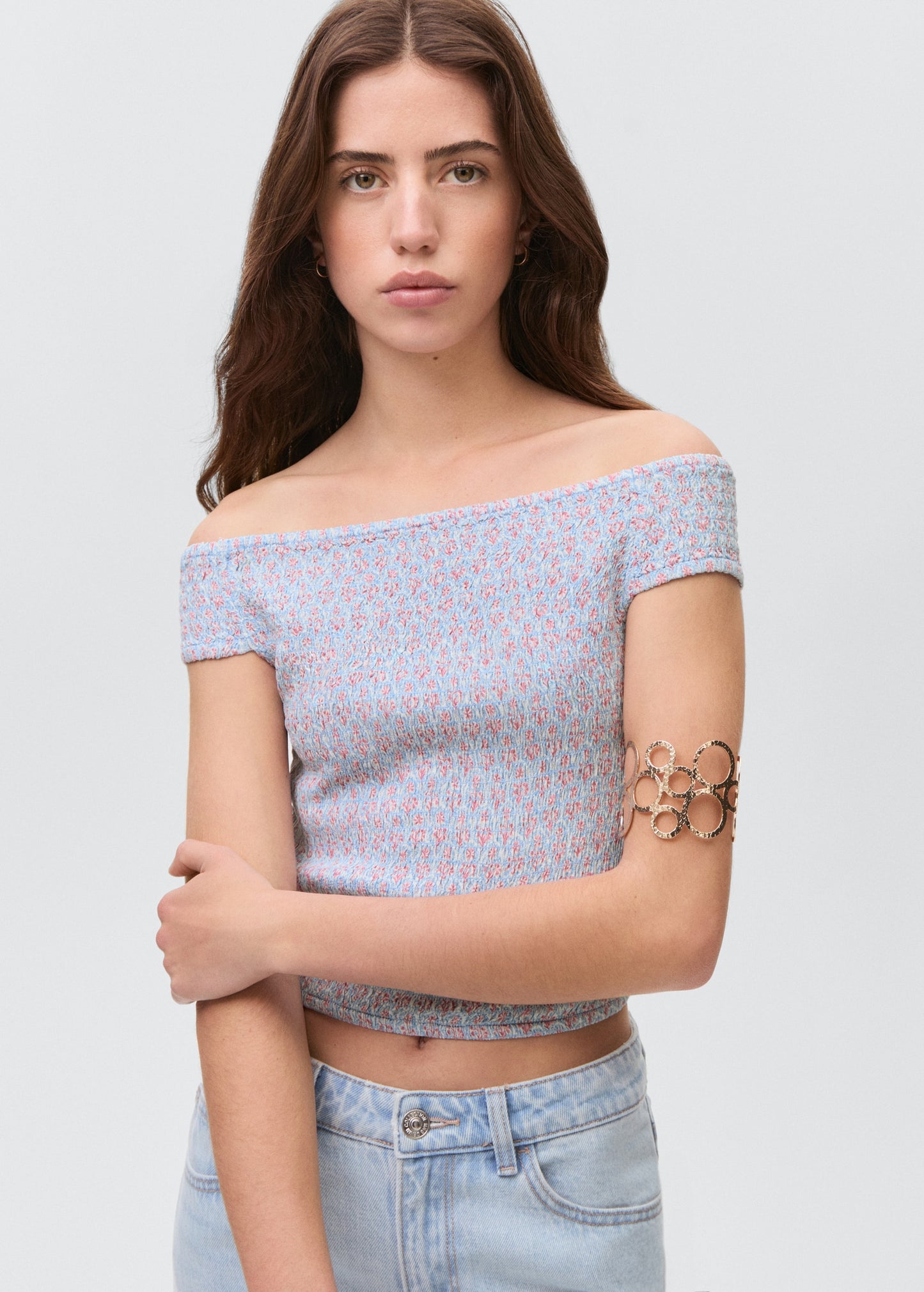 MANGO TEEN - Print off-shoulder top sky blue - S - Teenage girl