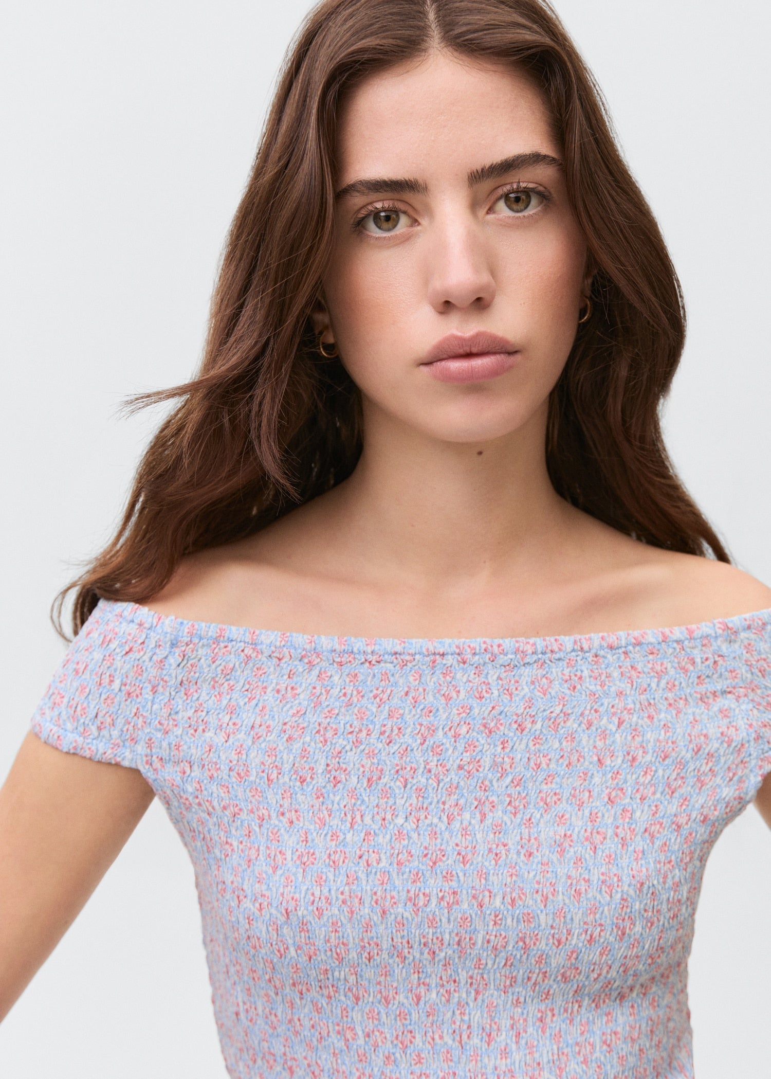 MANGO TEEN - Print off-shoulder top sky blue - S - Teenage girl