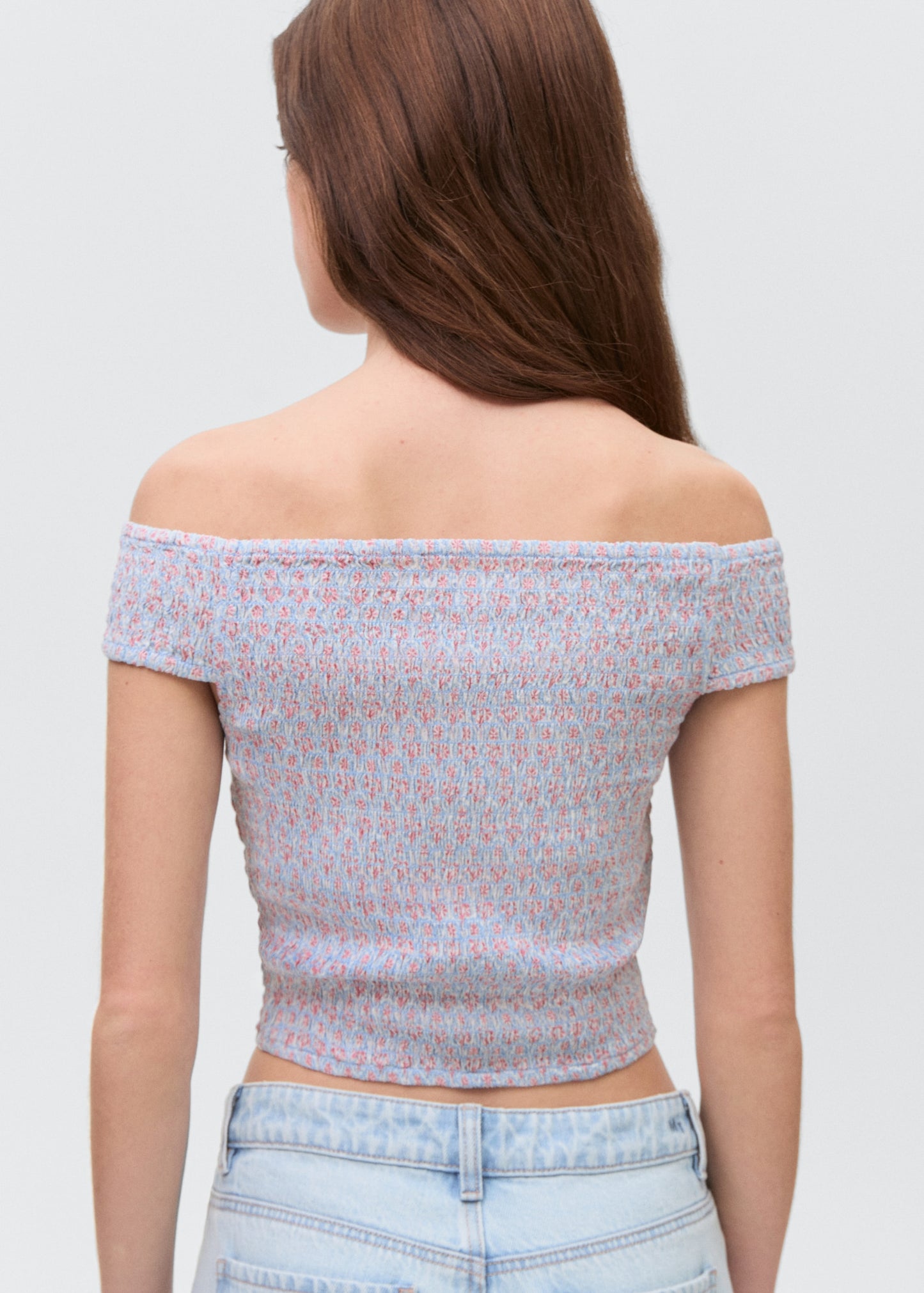 MANGO TEEN - Print off-shoulder top sky blue - S - Teenage girl