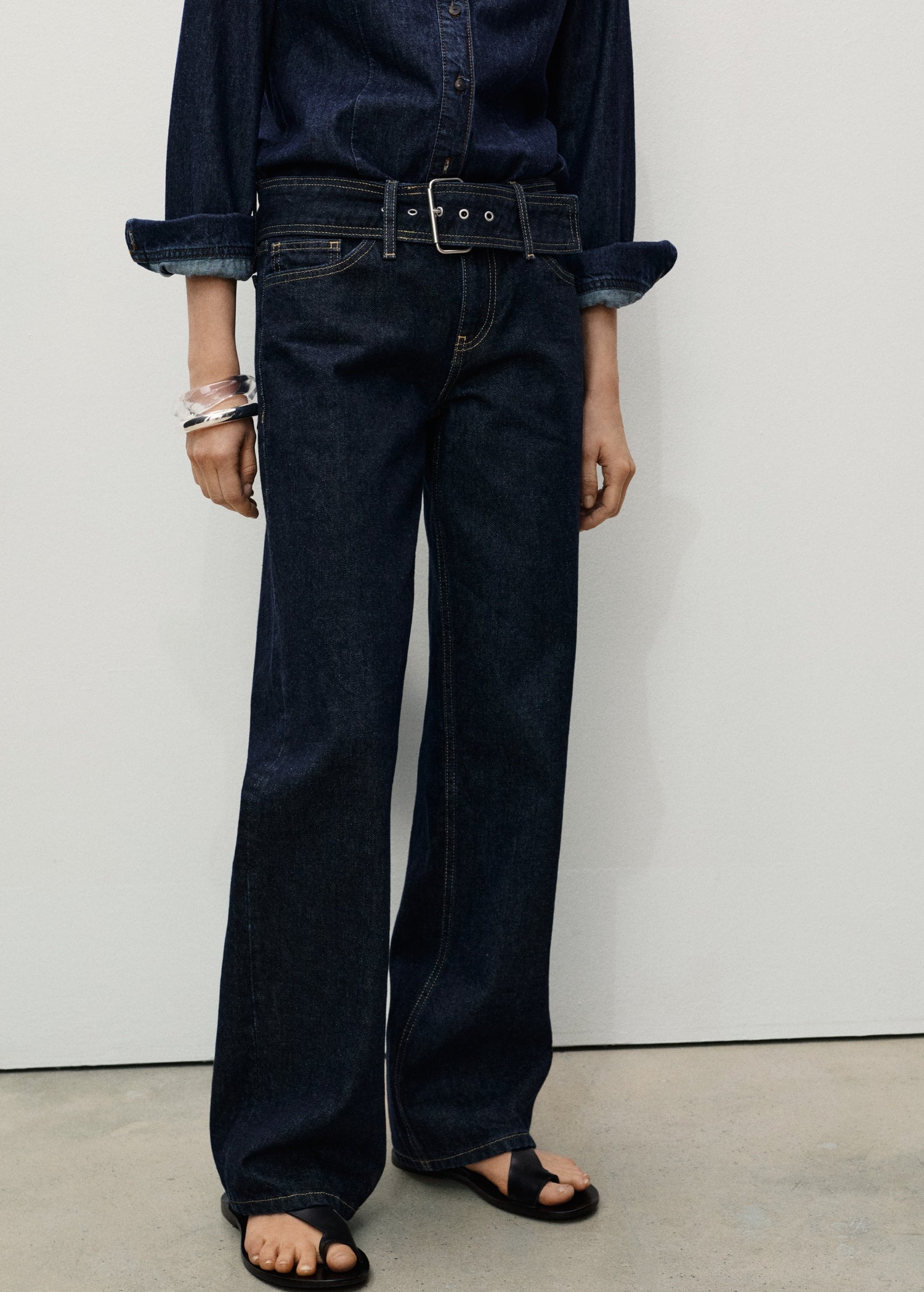 MANGO - Low-rise straight jeans with belt open blue - 8 - Woman