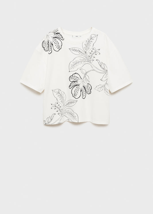 MANGO - Floral-print cotton t-shirt off white - M - Woman