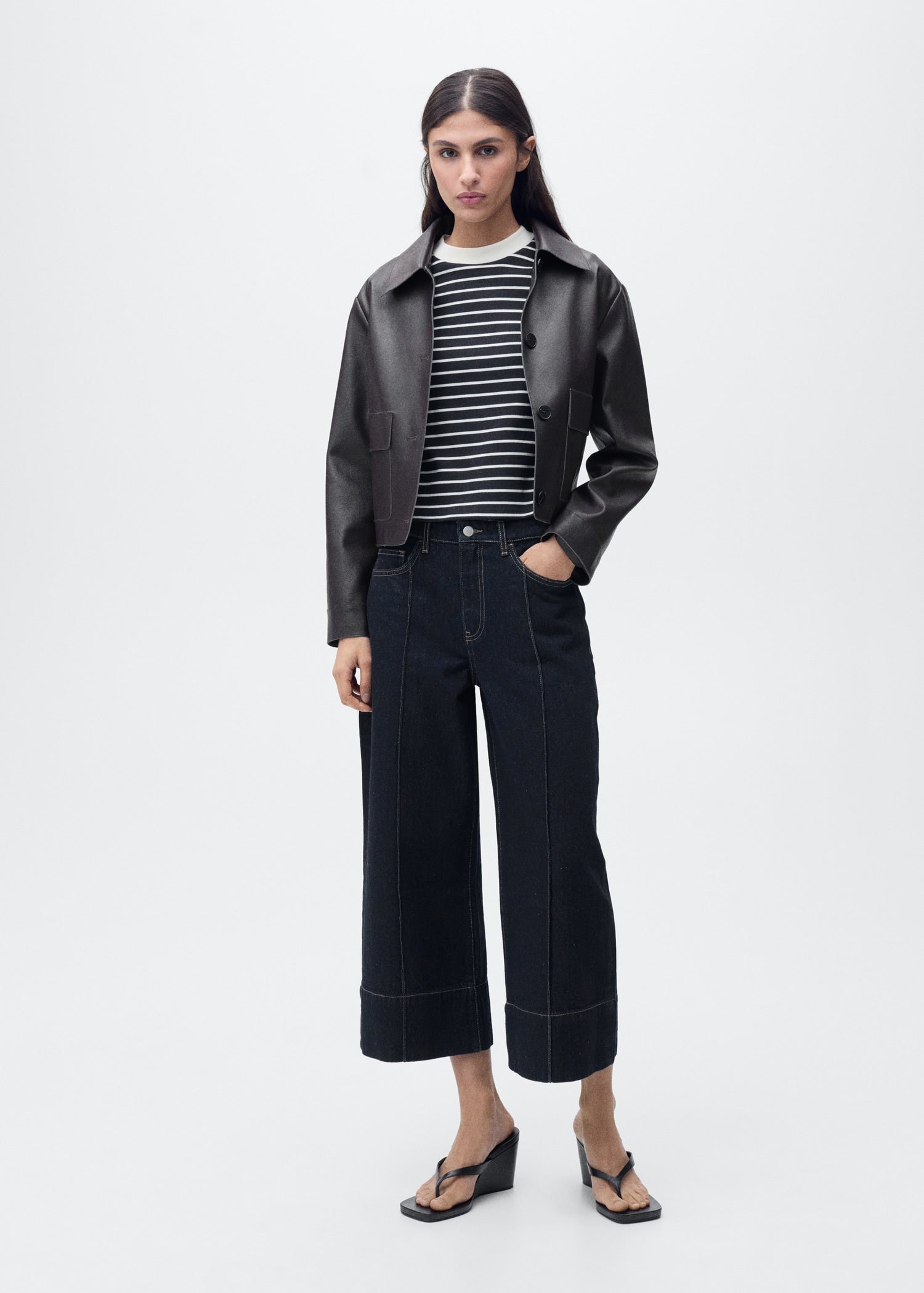 MANGO - Wideleg cropped jeans with seam detail open blue - 14 - Woman