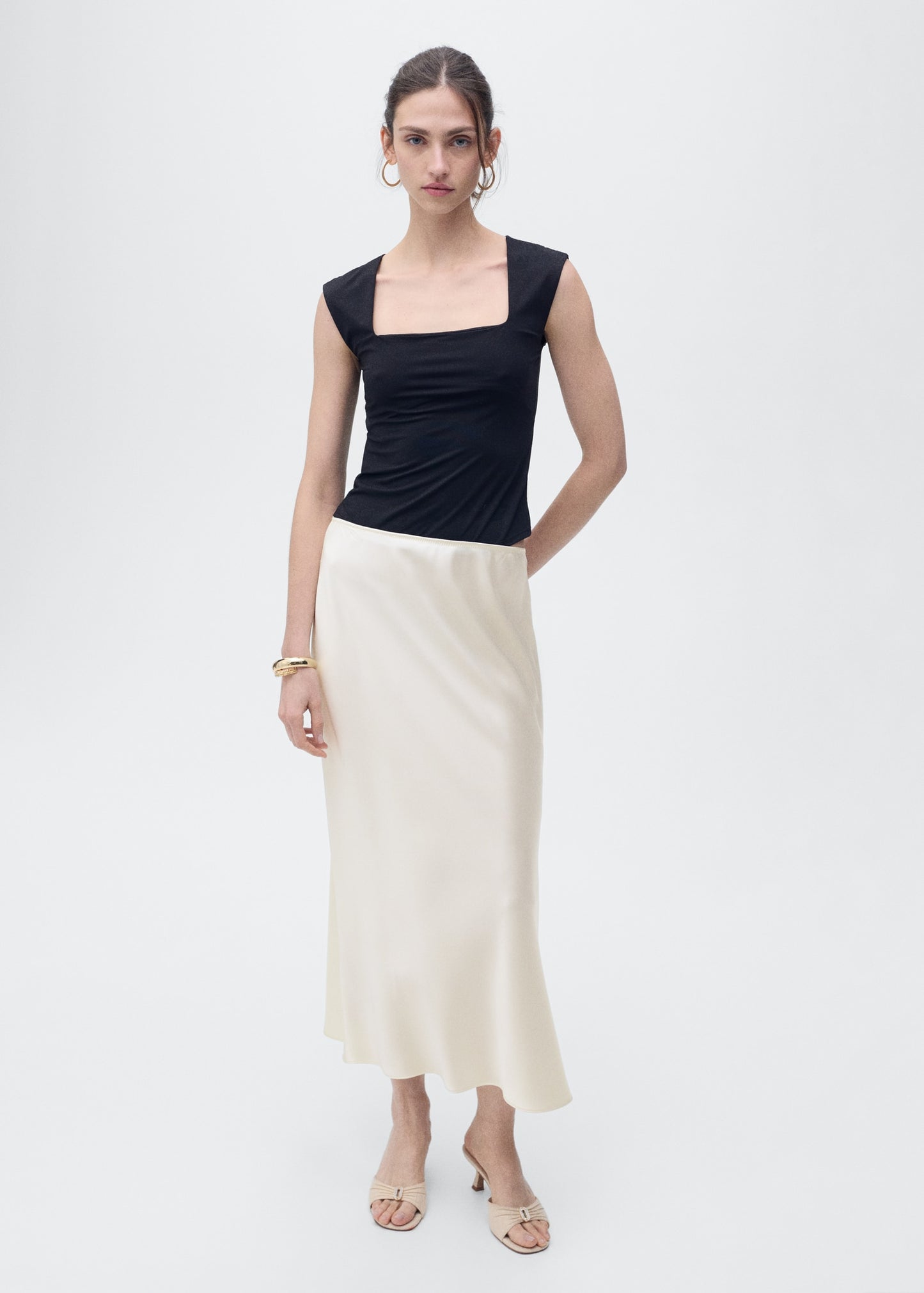 MANGO - Satin top with draped neckline ecru - S - Woman