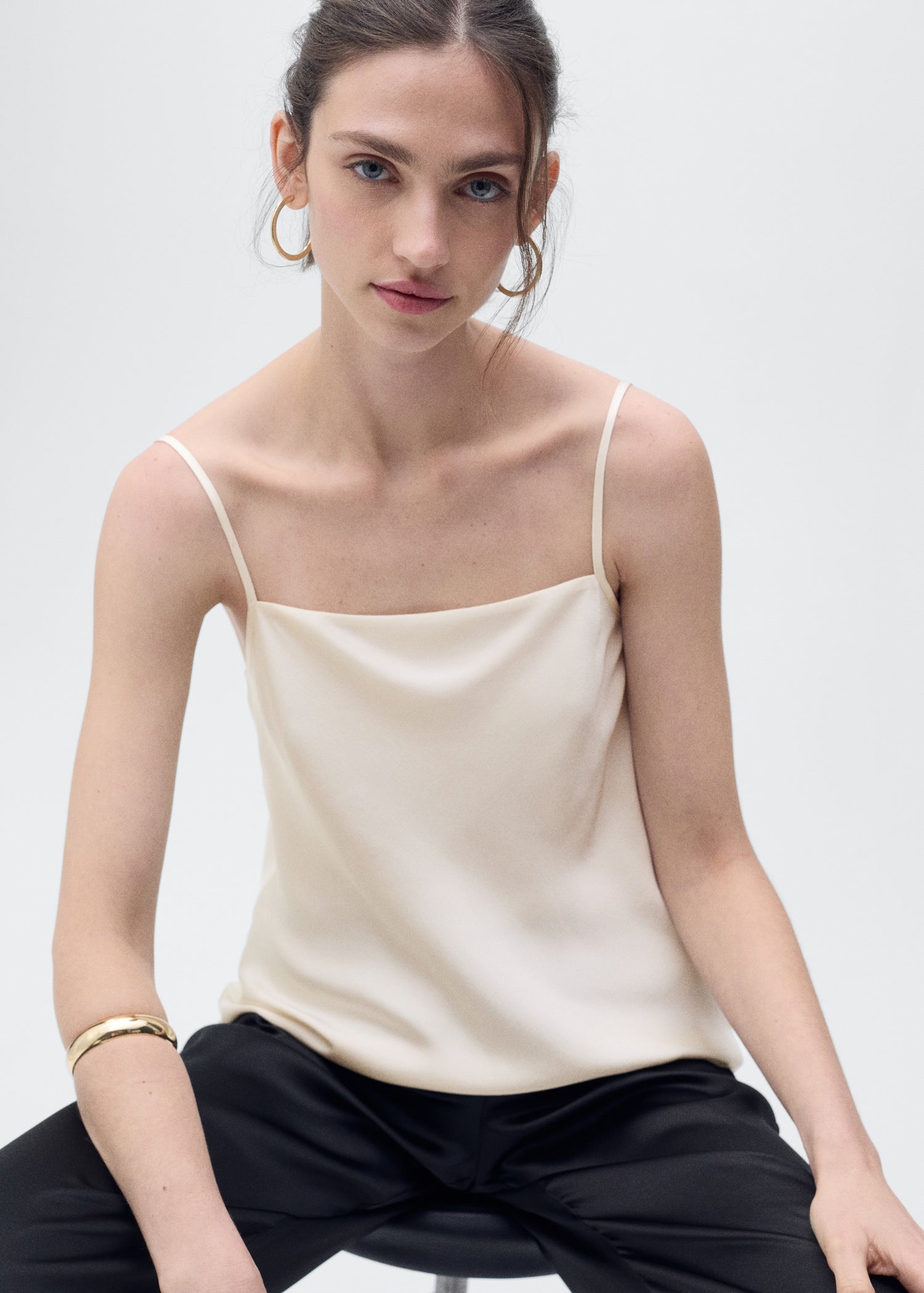 MANGO - Satin top with draped neckline ecru - XS - Woman