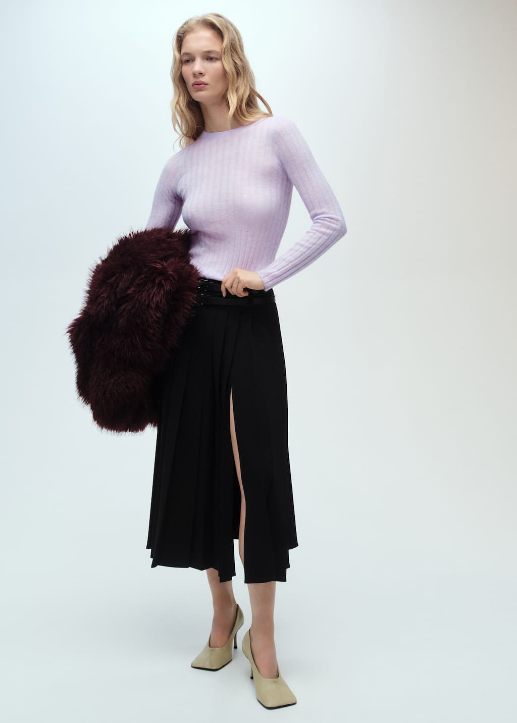 MANGO - Ribbed round-neck sweater light/pastel purple - L - Woman