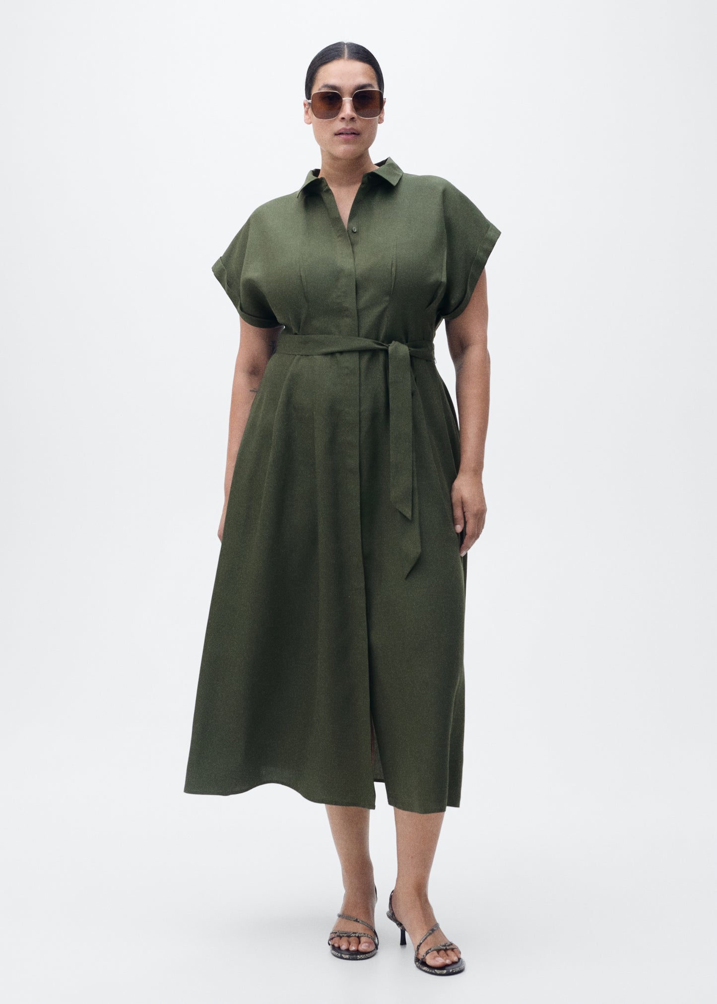 MANGO - Linen and lyocell-blend shirt dress with belt khaki - 4 - Woman