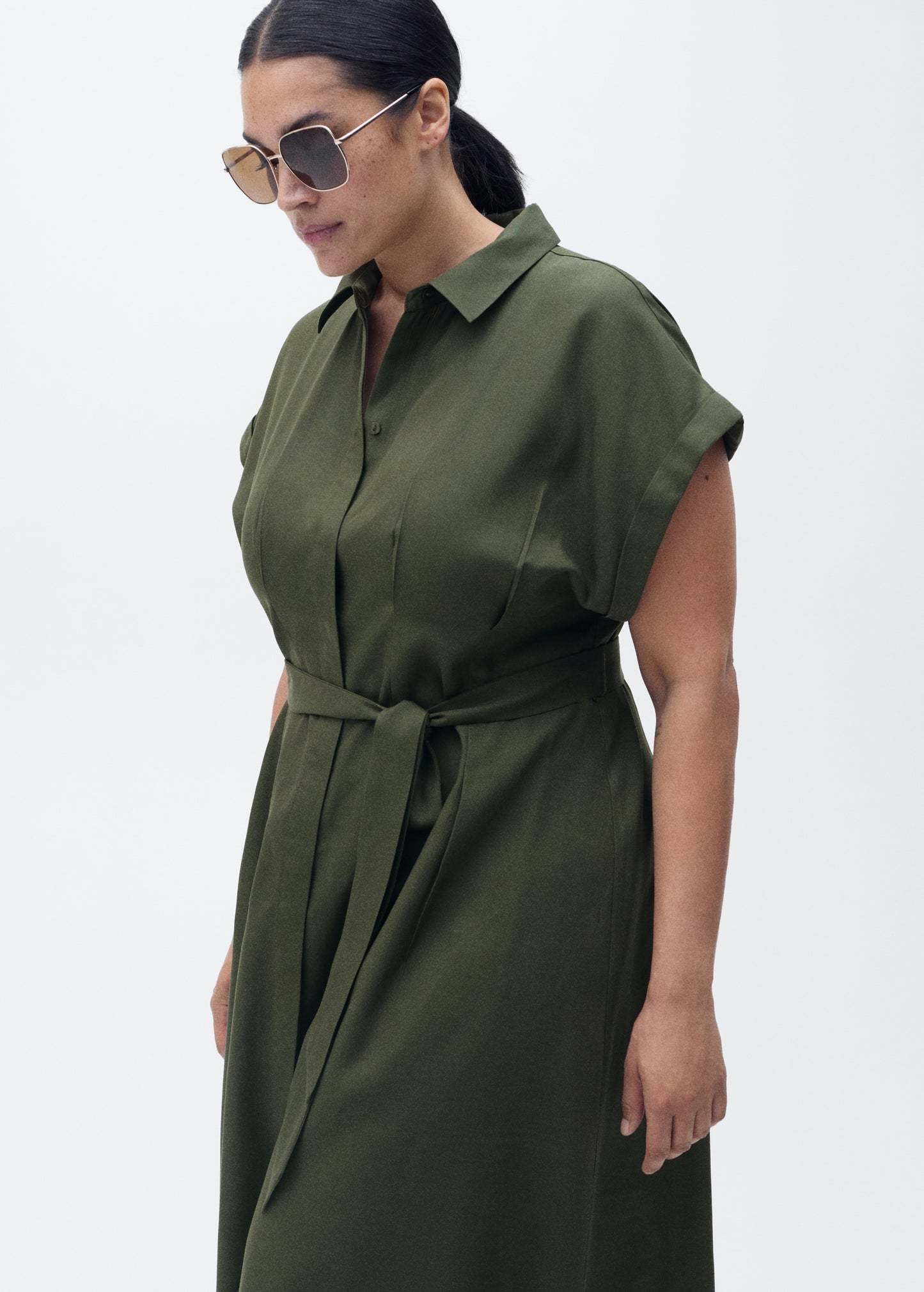 MANGO - Linen and lyocell-blend shirt dress with belt khaki - 4 - Woman