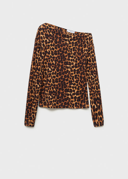 MANGO - Asymmetrical neck leopard t-shirt brown - XS - Woman