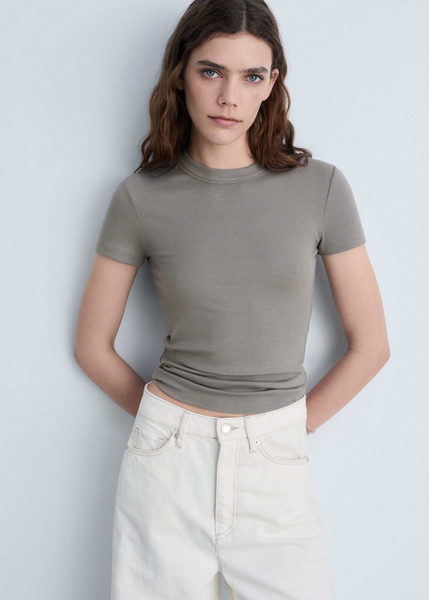 MANGO - Short-sleeved fitted t-shirt light/pastel brown - XL - Woman