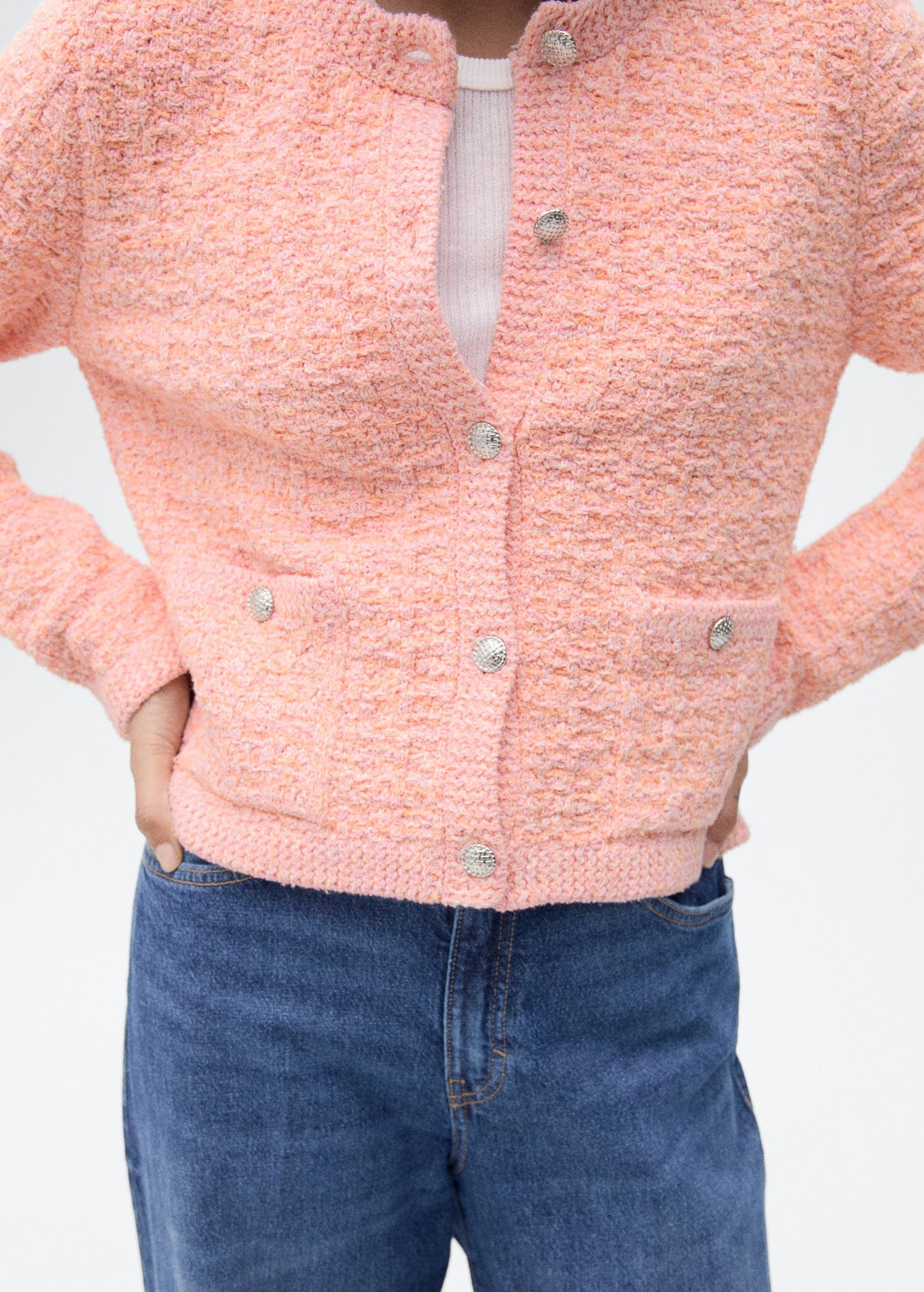 MANGO - Tweed-effect jacket with jewel buttons pastel pink - S - Woman