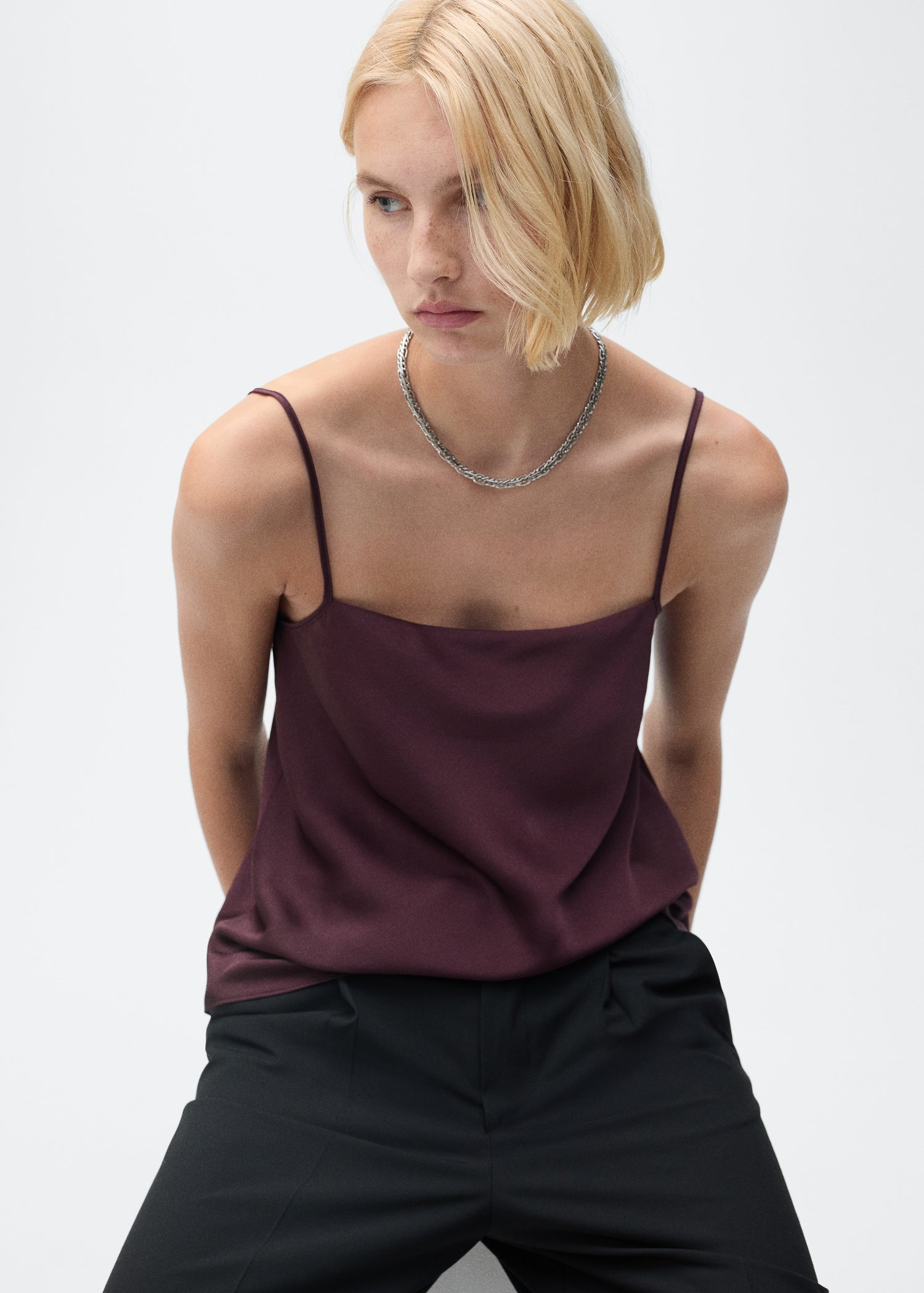 MANGO - Satin top with thin straps wine - S - Woman