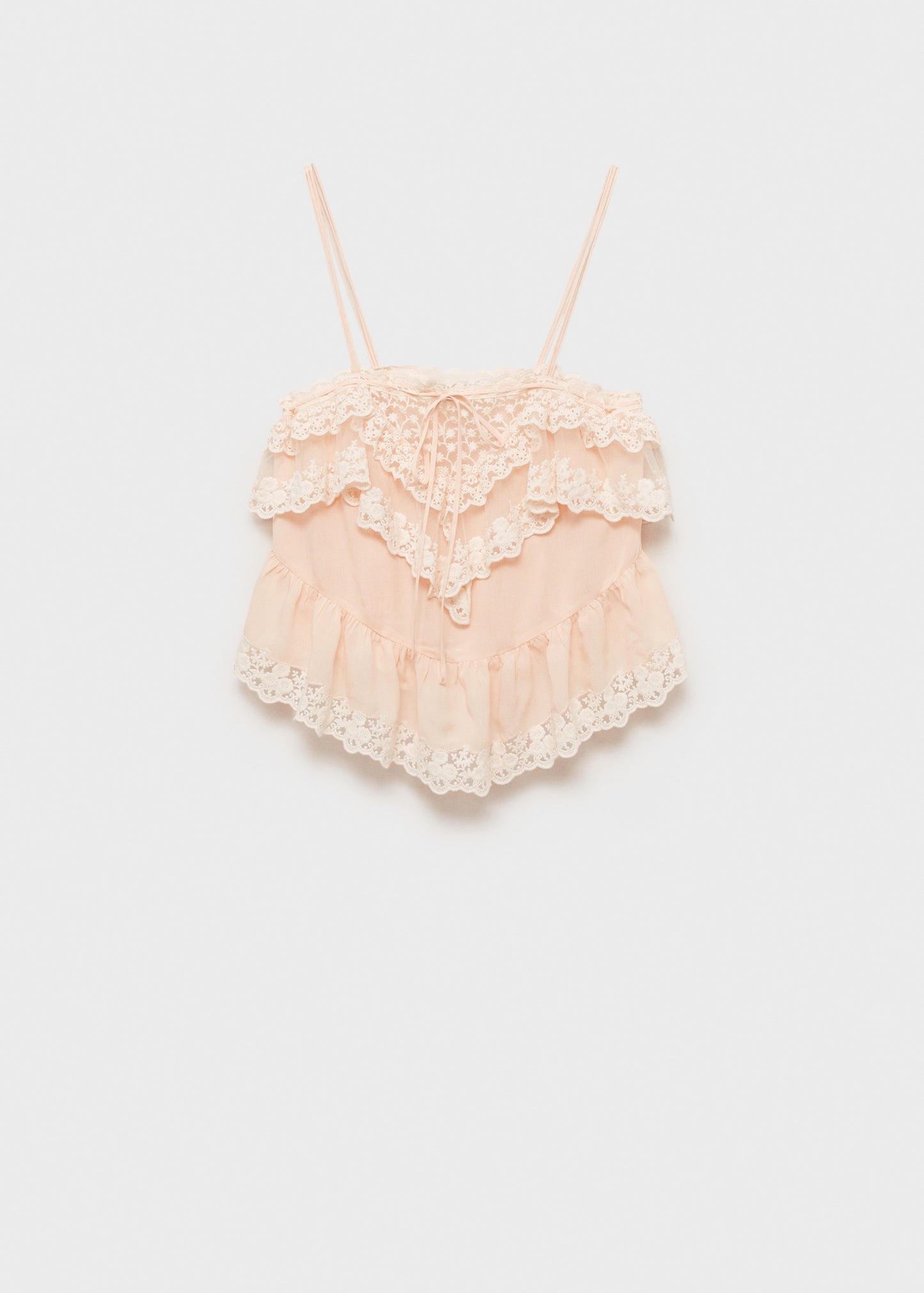 MANGO - Ruffle top with lace detail pastel pink - L - Woman