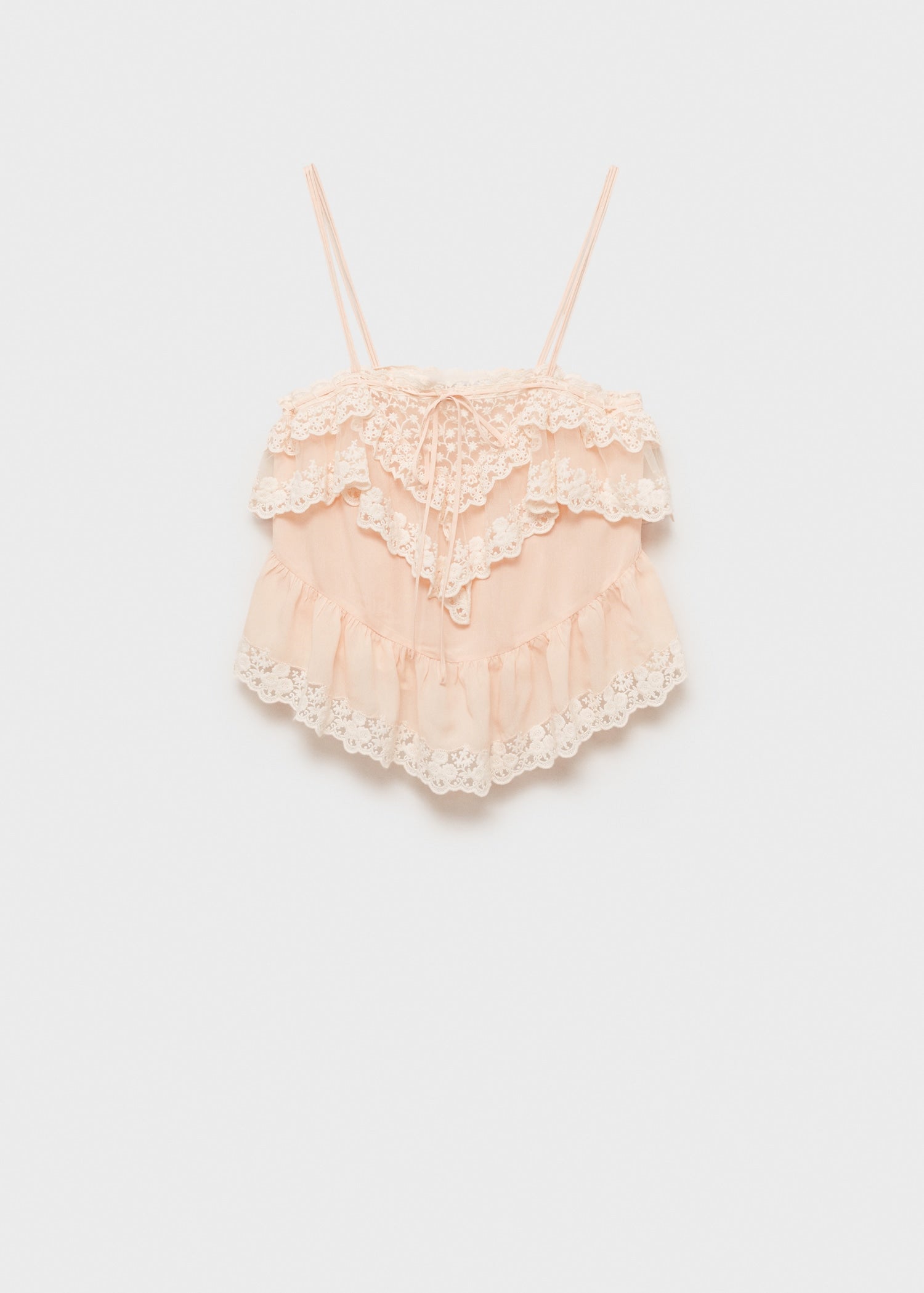 MANGO - Ruffle top with lace detail pastel pink - L - Woman