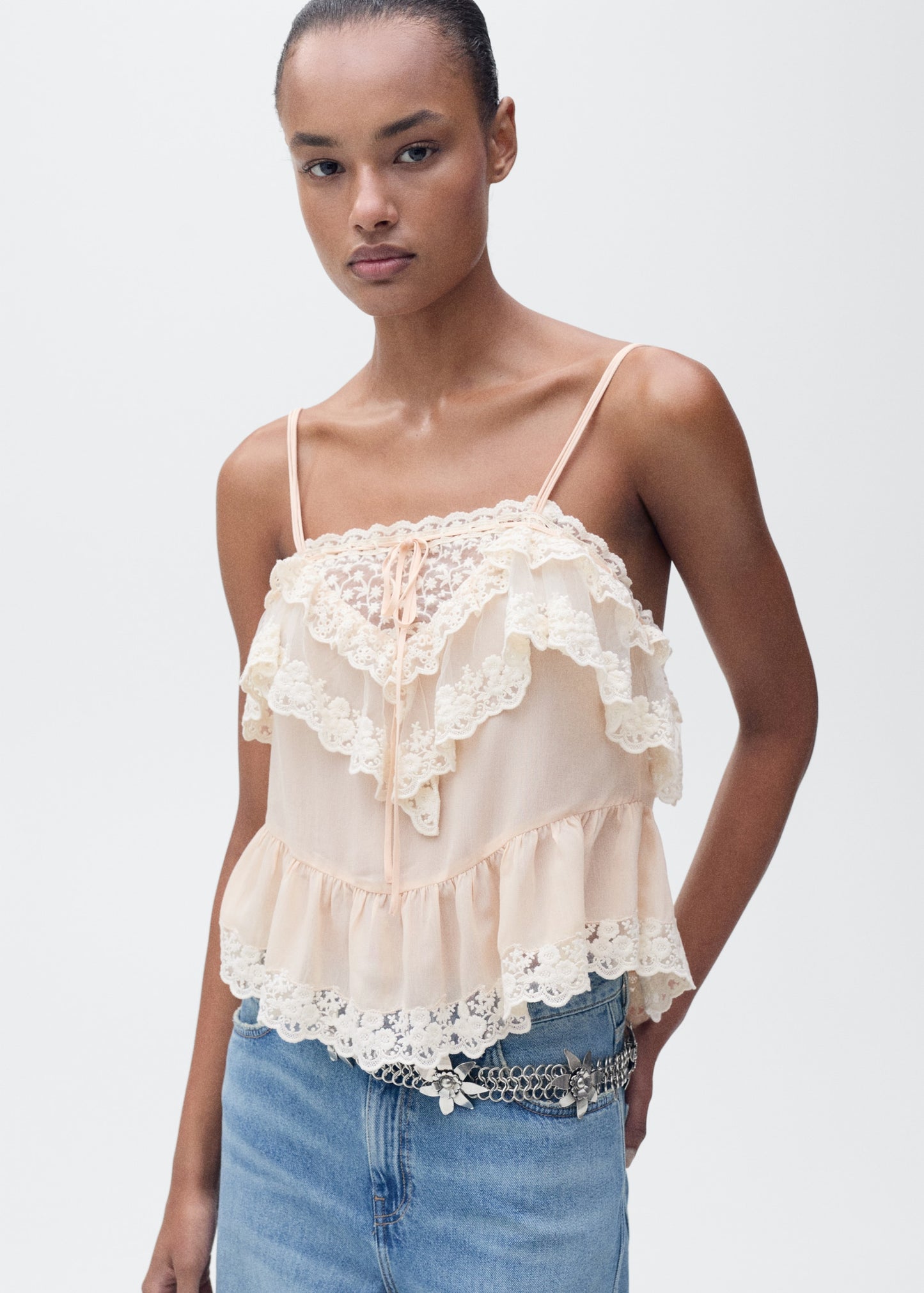 MANGO - Ruffle top with lace detail pastel pink - L - Woman