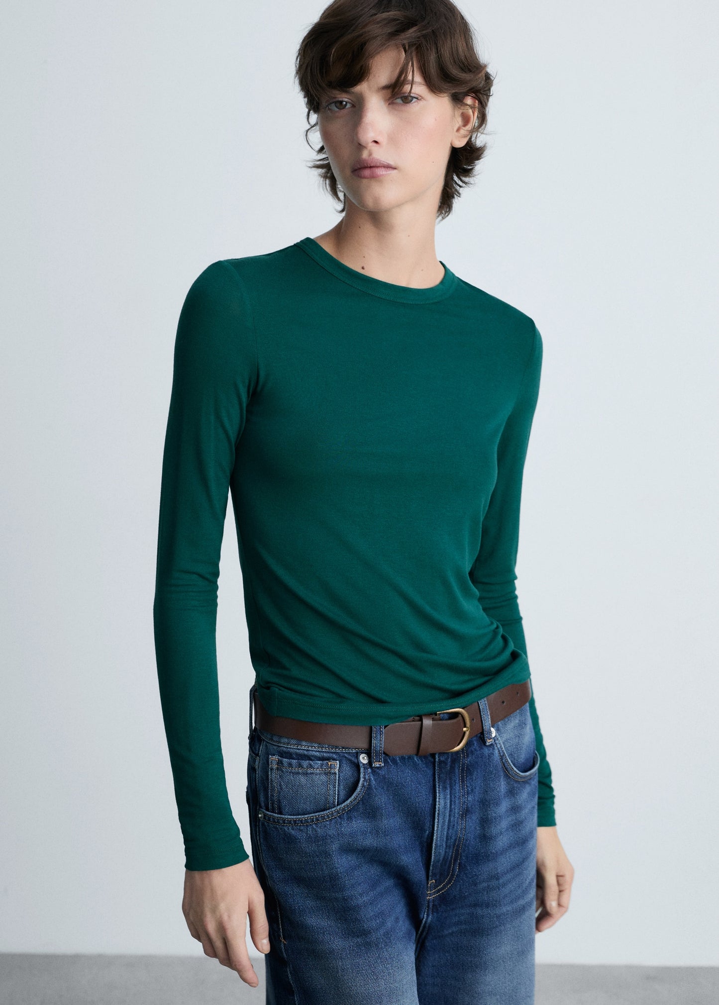 MANGO - Round-neck long-sleeved t-shirt dark green - S - Woman