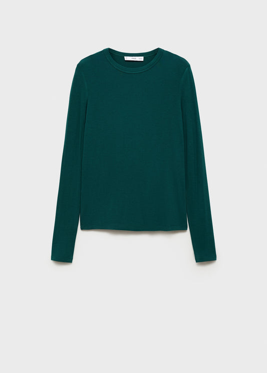 MANGO - Round-neck long-sleeved t-shirt dark green - S - Woman