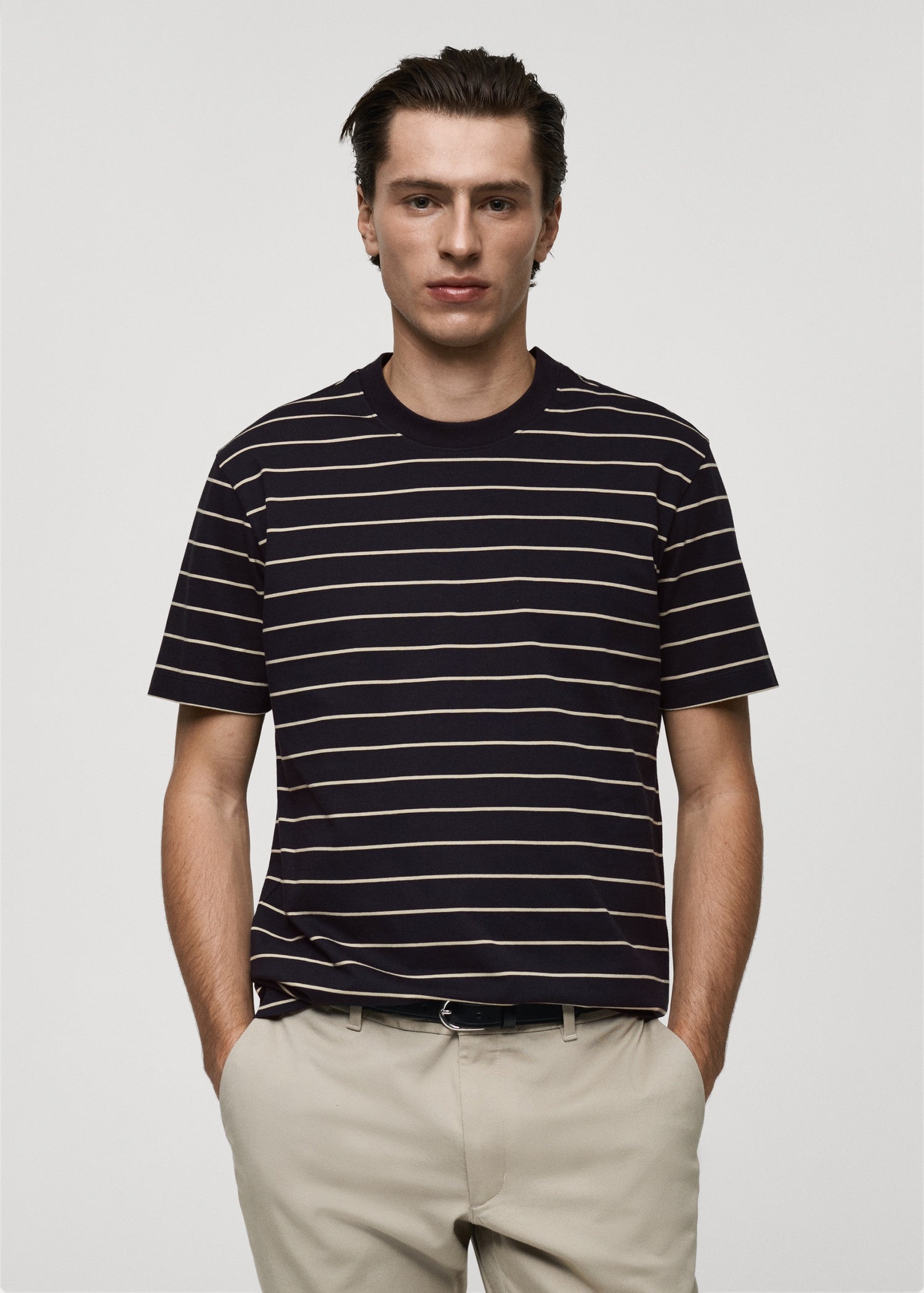 MANGO MAN - 100% cotton striped t-shirt dark navy - S - Man