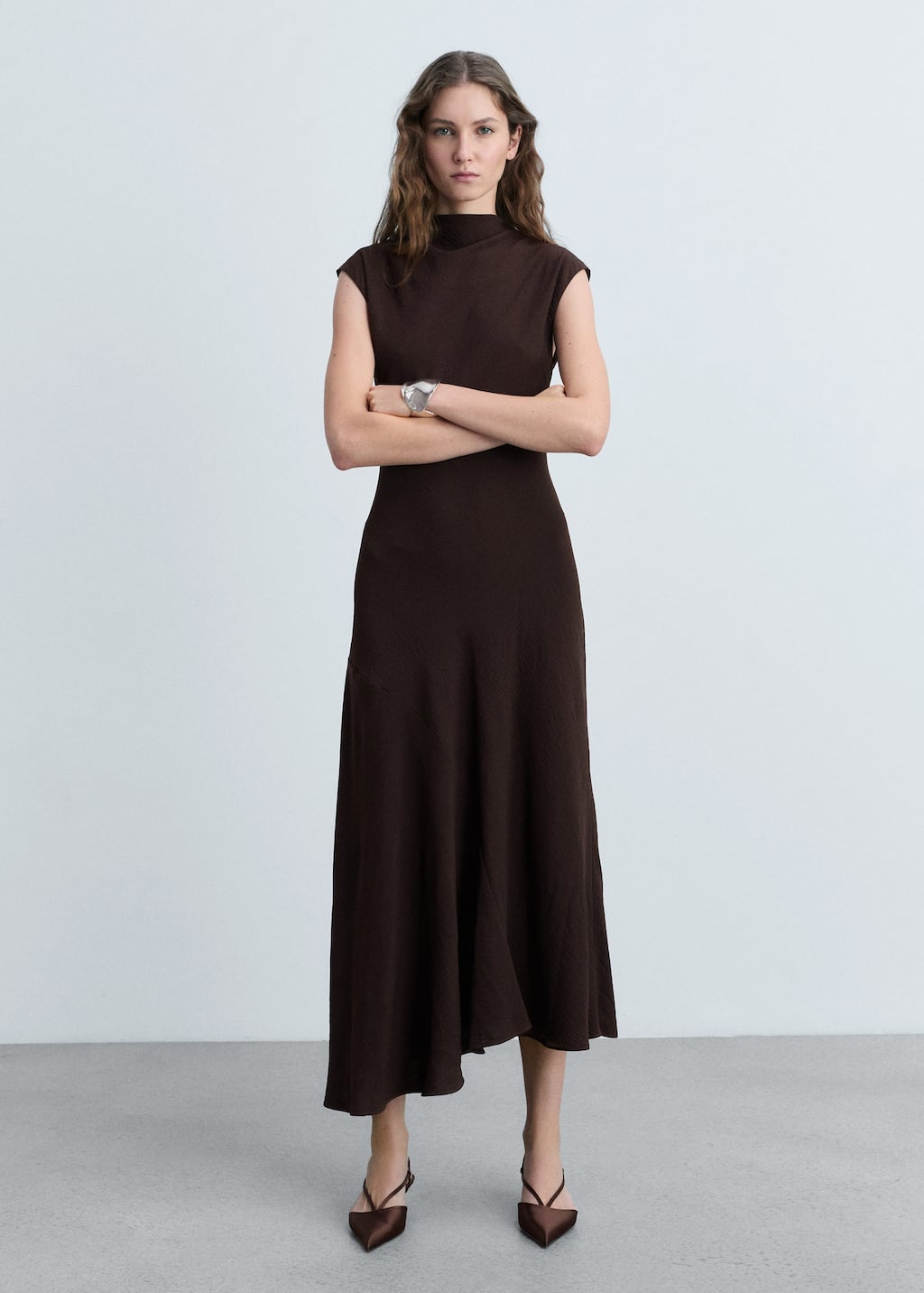 MANGO - Textured asymmetrical dress brown - 4 - Woman