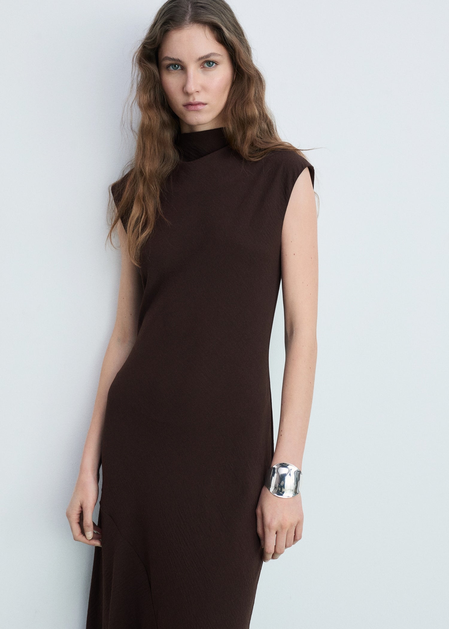 MANGO - Textured asymmetrical dress brown - 4 - Woman