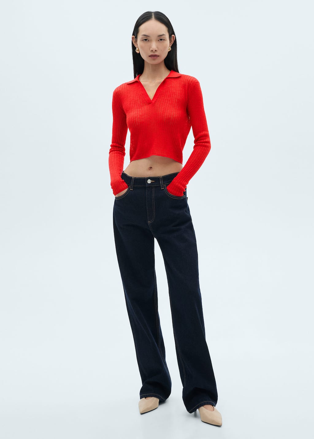 MANGO - Ribbed polo neck t-shirt red - L - Woman