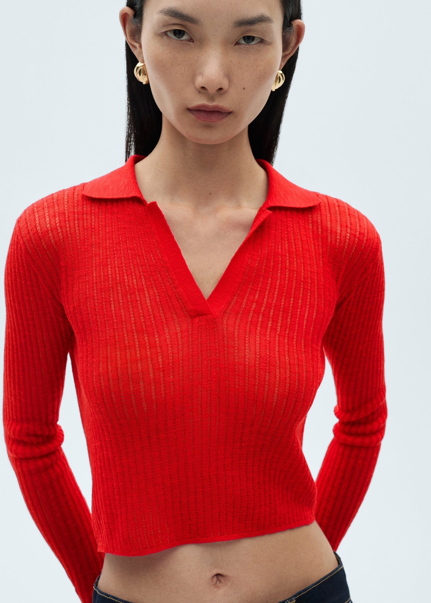 MANGO - Ribbed polo neck t-shirt red - L - Woman