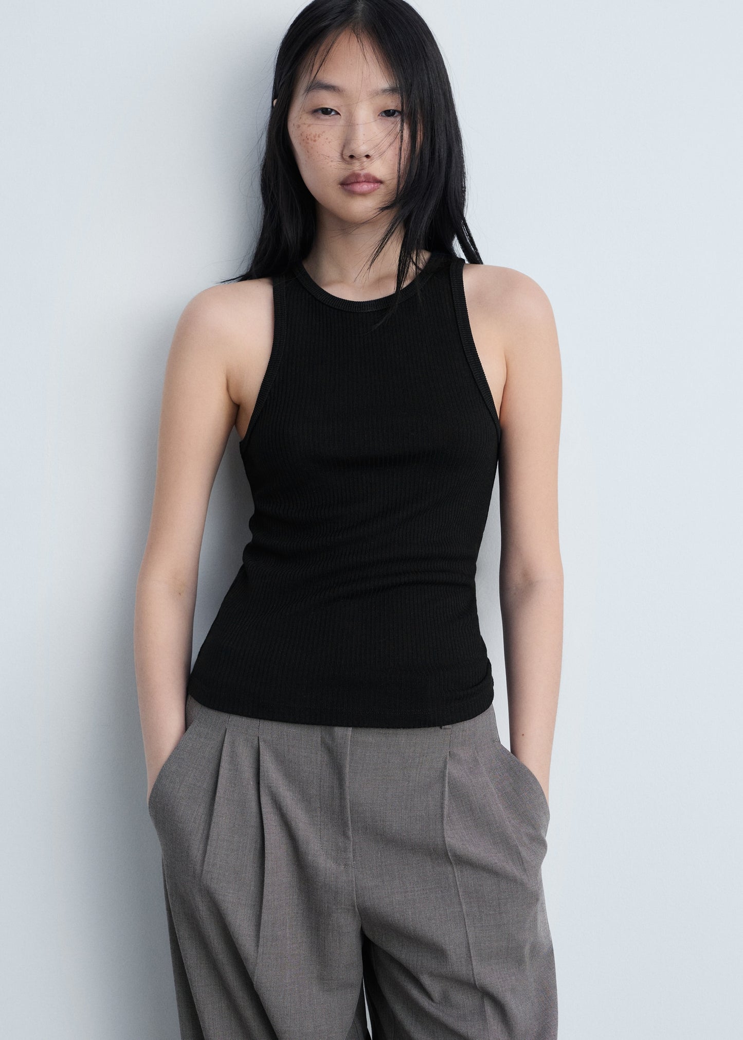 MANGO - Fine ribbed knit top black - S - Woman