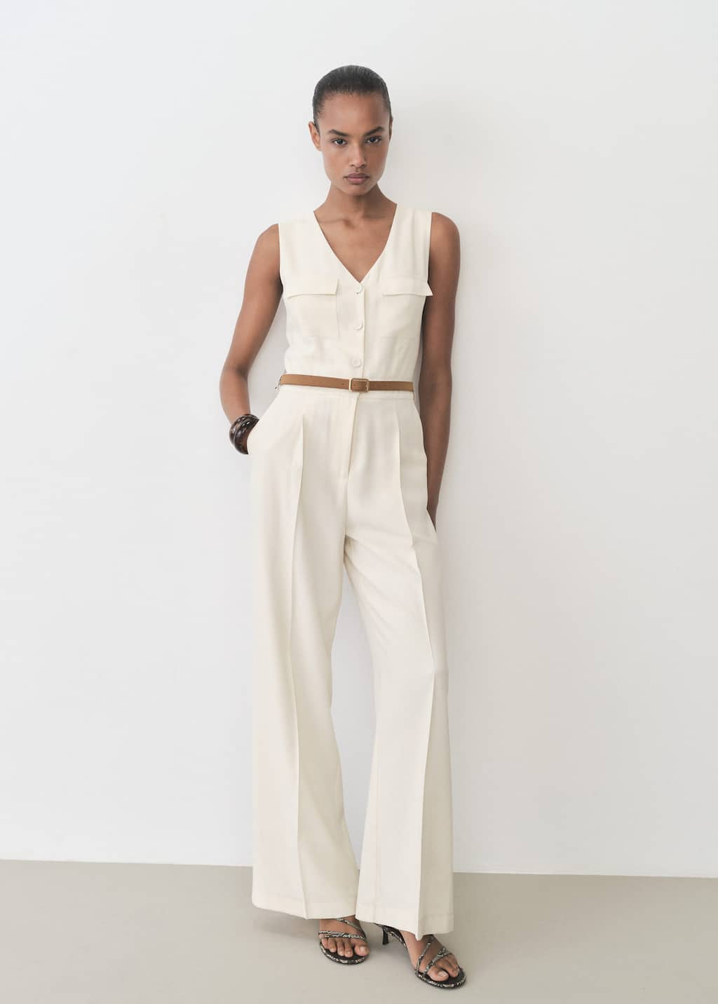 MANGO - Belt long jumpsuit ecru - S - Woman